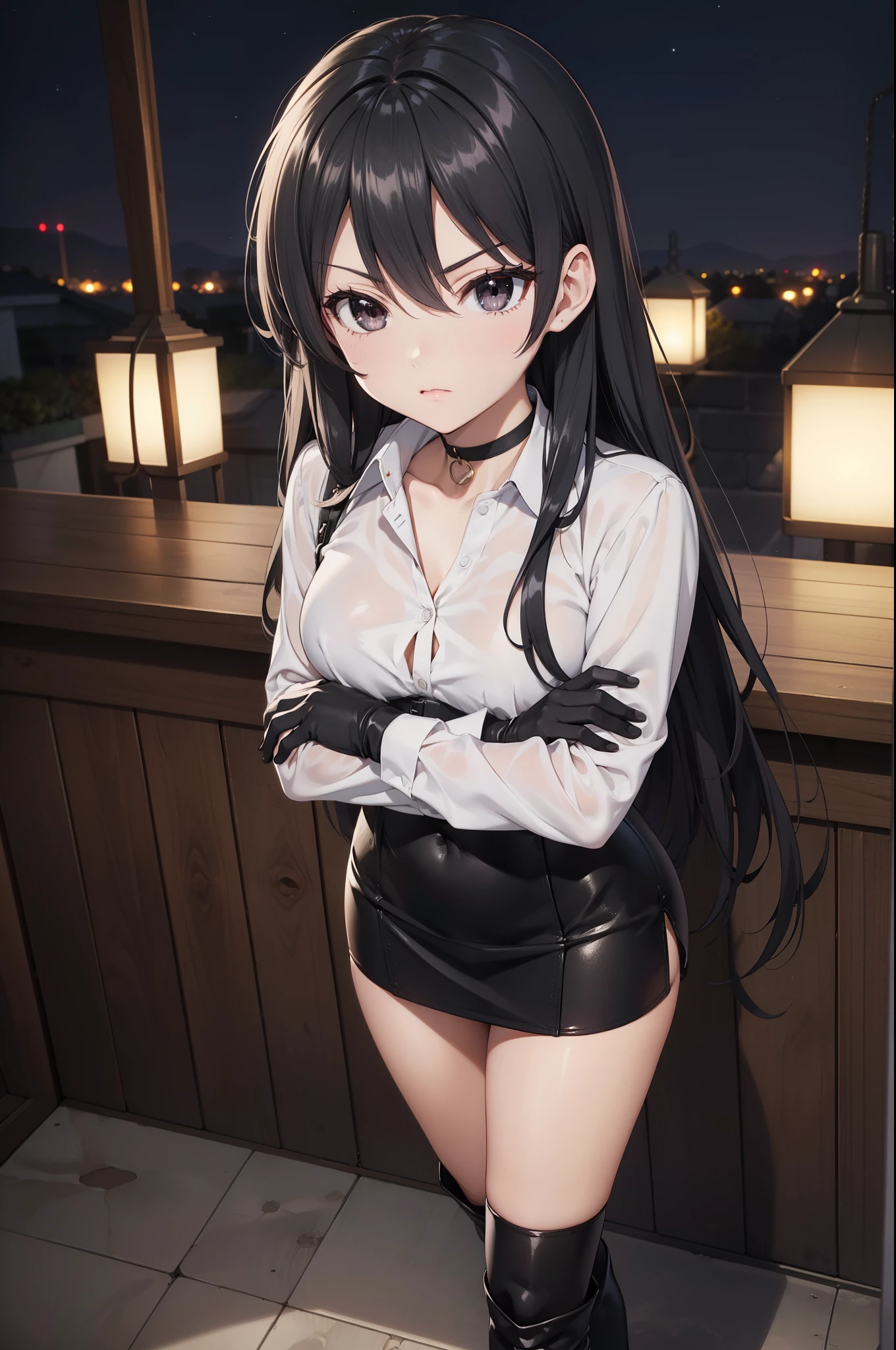 masterpiece, anime style, A young girl,  of foot, (seen from above), ((( arms crossed ))), pretty face,  angry look, ((redness on the cheeks)), long black hair, detailed eyes,  black eyes,  choker : 1.6, (( long sleeve white shirt )), ( black gloves ), (black leather corset), ((black miniskirt)),  brown stockings,  black leather boots ), self-critical , roof, (( at night))