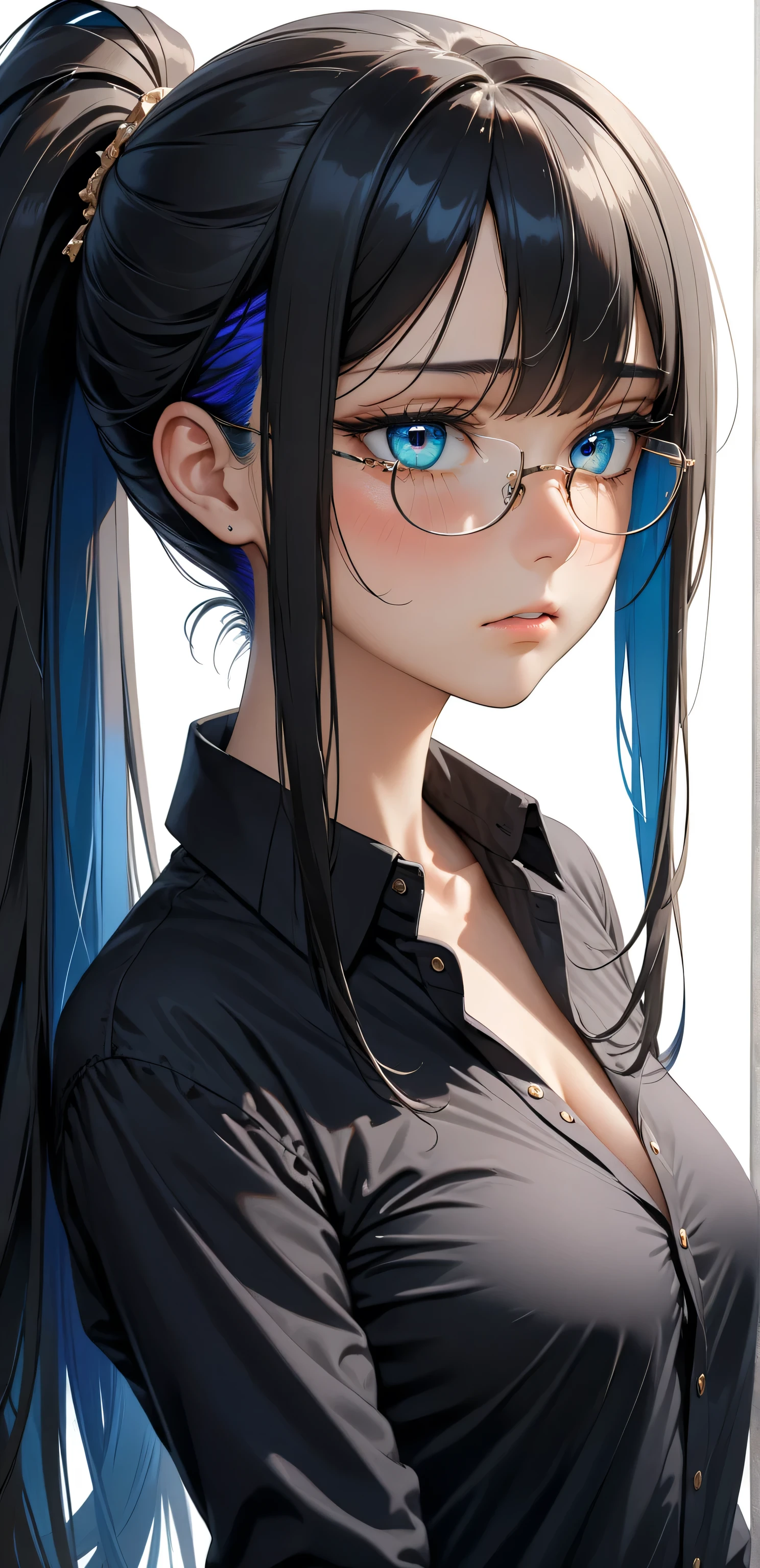 Random pose , ((Ultra detailing)), ((very aesthetic, best quality, ultra detailed)), intricate details, 1girl, ((long hair, Black hair, High ponytail, blue inner hair)), ((Multi colour eyes)), ((Detailed eyes)), ((Beautifull eyes)), ((prefect eyes)), ((Ultra detailing eyes)) ,medium breast, sharp jawline, long hair, shy,((black collared shirt, glasses, Neckless)),
