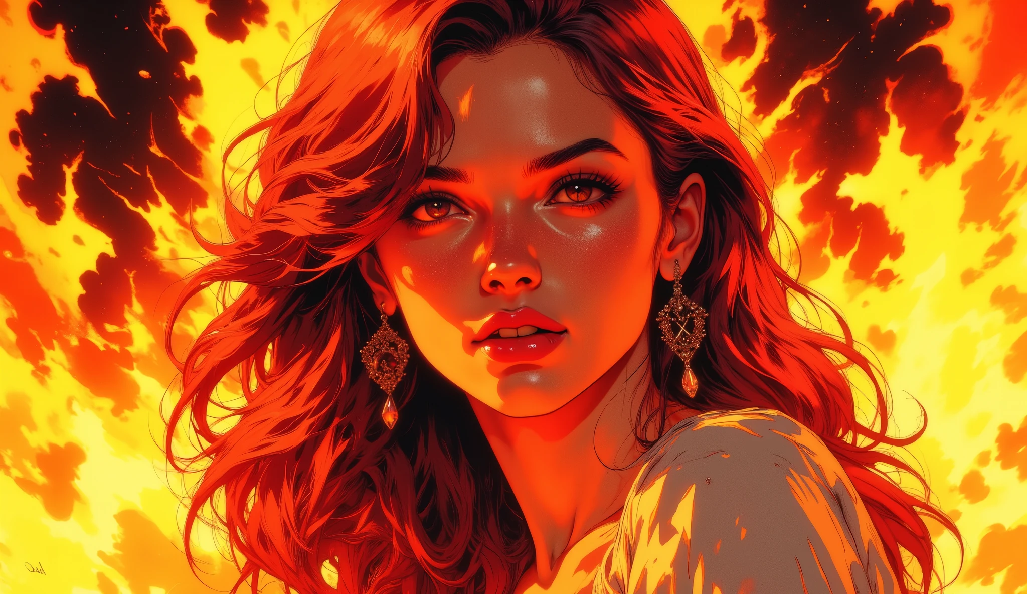 Beautiful woman with diamond, young, red hair, behind it there is a huge fire, retrato