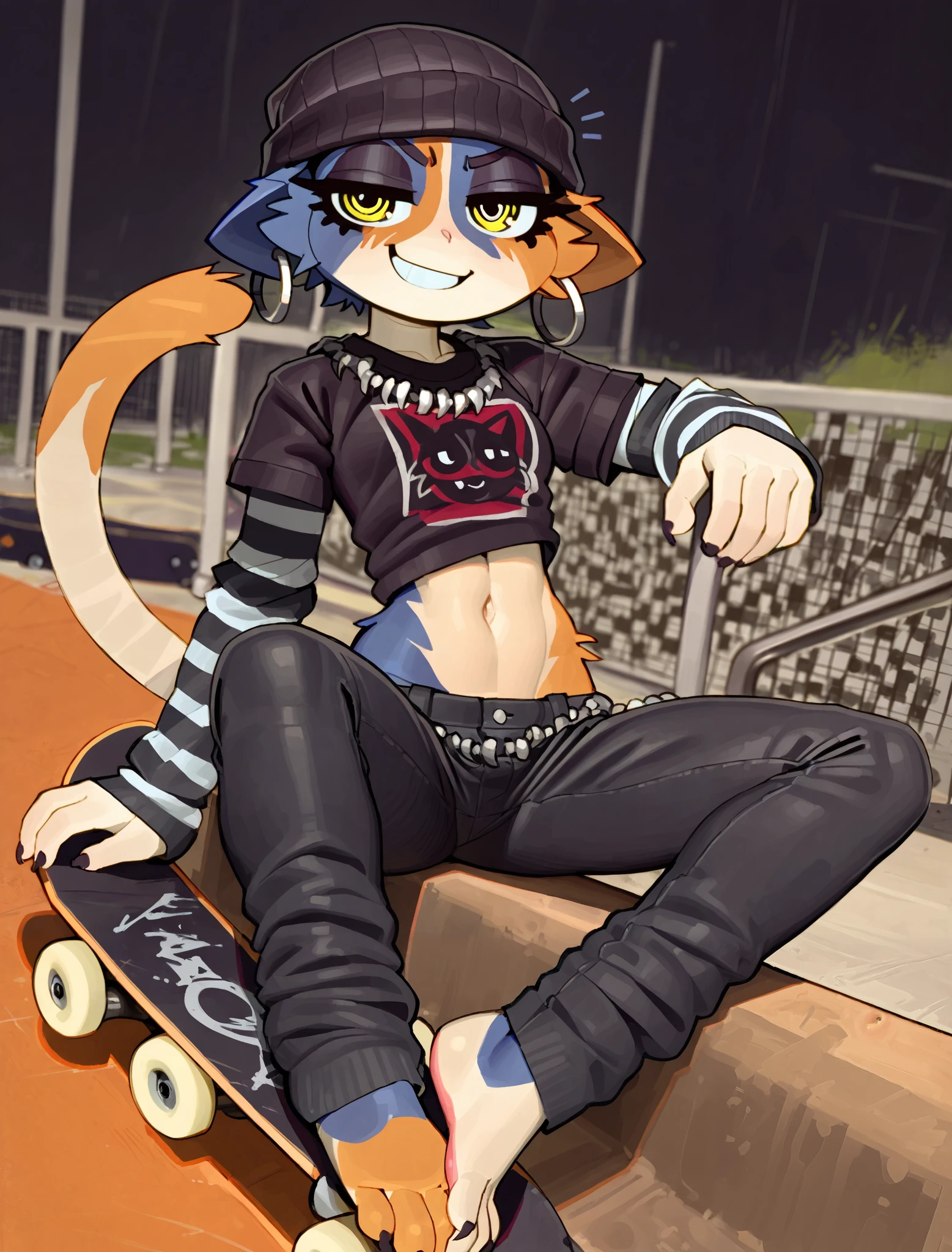((meow skulls)), ((Pixelsketcher)), ((wamudraws)), ((masterpiece)), ((high resolution)), ((solo portrait)), {(attractive figure), (skinny body), (beautiful legs), (pretty feet), (black and orange calico cat fur), (two toned fur), (black right foot), (orange left foot), (droopy ears), (cat tail), (cute yellow eyes), (sharp eyelashes), (smug grin), (relaxed look)}, {(black long sleeve shirt), (striped sleeves), (navel), (black jeans), (black beanie), (hoop earring)}, {(looking at viewer)}, ((skate park)), ((skateboard))