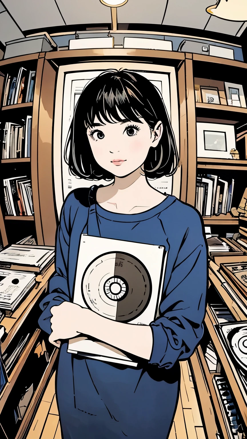 Fisheye 、record shelves, Tim Doyle , Tumbler, Under Art in Oil , Close up of a woman holding a record jacket in front of Infinite Records, discogs, Douglas Smith , vinyl, by Billy Colgan, medium closeup, Artistic record jacket design, Dylan Kowalski i, Adrienne Tomine , , printing!, Dylan Kowalski , Music Records、細かいhand、hand、The anatomy is k correct、