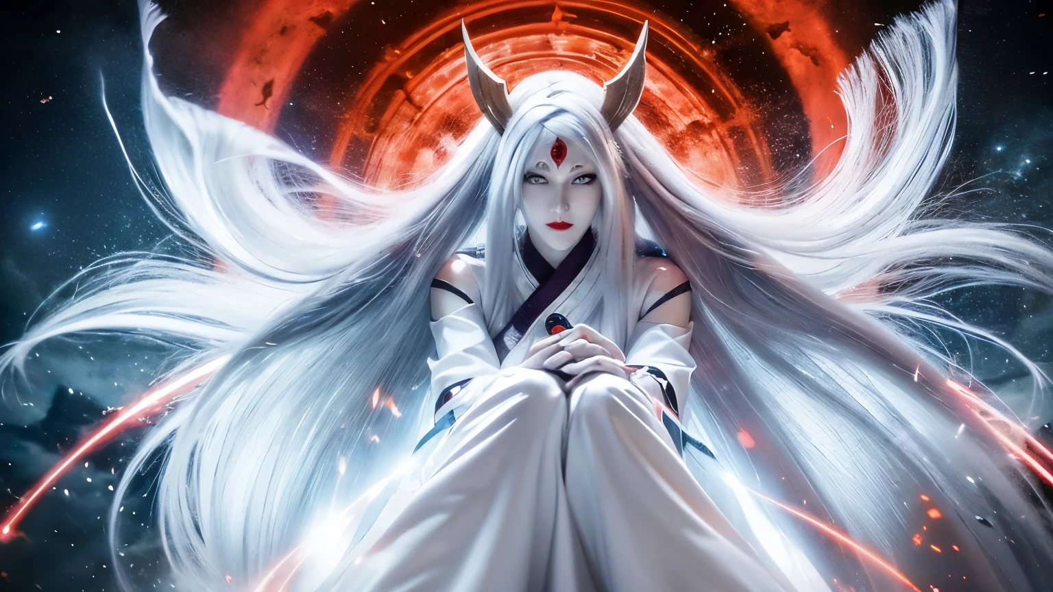 a woman in a white dress with long white hair and horns, onmyoji, onmyoji detailed art, onmyoji portrait, white haired deity, amaterasu, anime goddess, white horns queen demon, evil godess, japanese lightning goddess, official artwork, masterpiece goddess of sorrow, the piercing stare of yuki onna, goddess of anger