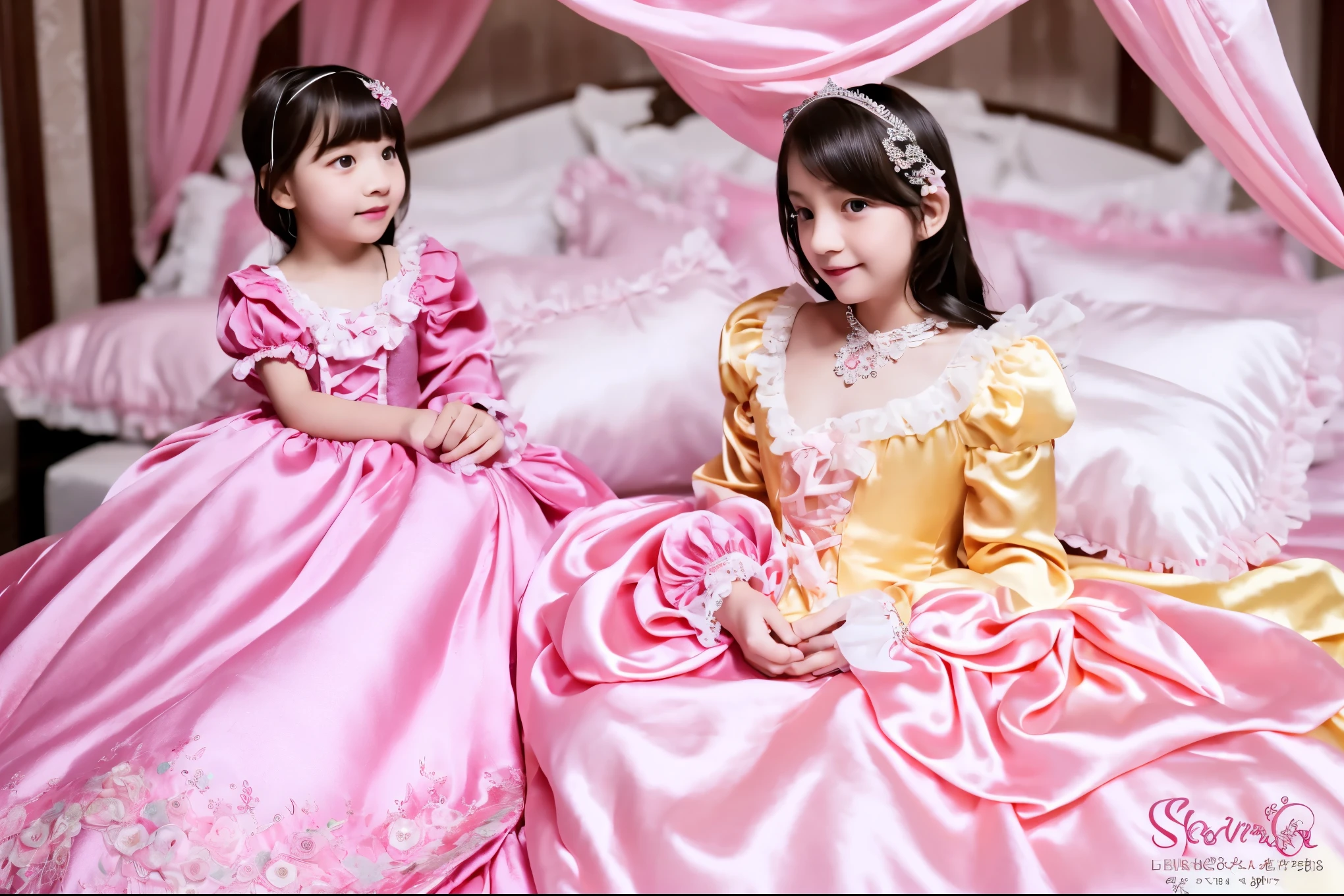 A composition that reflects the entire bed,,highest quality, masterpiece, highest resolution, artwork, super それにget used to it, many get used to it, get used to it, それにget used to it, 3k realistic pictures,,((short body height:1.0)),(( girl)),Ultra-detailed juvenile face,three are princesses,((rococo style full length big round ball gown dress)),ruffled yoke collar,puff sleeves,long sleeve,((Lolita style hot pink detailed princess satin dress with lots of ruffles and ribbons)),Rococo style lolita fashion,shiny satin dress,Soft and smooth fabric,luxury,long blonde hair,blue eyes,white skin european,Pajama,((in the bedroom)),luxury princess canopy frilled bed,super detailed bed,(((pink silk satin bed sheets:1.0))),(((pastel color silk satin pillows:1.0))),they are sitting on the bed,High-quality background,