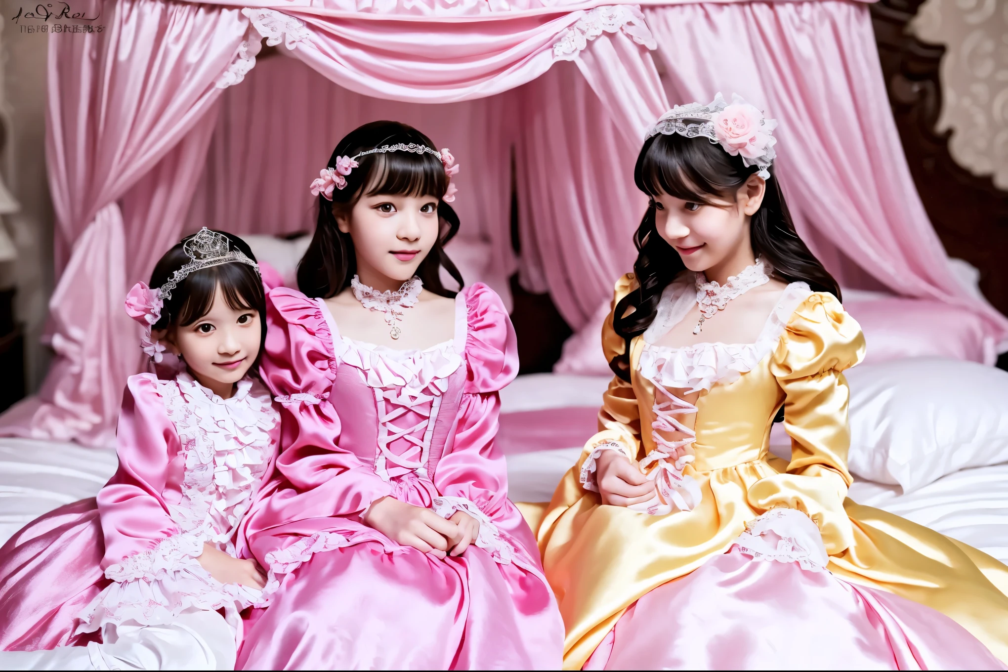 A composition that reflects the entire bed,,highest quality, masterpiece, highest resolution, artwork, super それにget used to it, many get used to it, get used to it, それにget used to it, 3k realistic pictures,,((short body height:1.0)),(( girl)),Ultra-detailed juvenile face,three are princesses,((rococo style full length big round ball gown dress)),ruffled yoke collar,puff sleeves,long sleeve,((Lolita style hot pink detailed princess satin dress with lots of ruffles and ribbons)),Rococo style lolita fashion,shiny satin dress,Soft and smooth fabric,luxury,long blonde hair,blue eyes,white skin european,Pajama,((in the bedroom)),luxury princess canopy frilled bed,super detailed bed,(((pink silk satin bed sheets:1.0))),(((pastel color silk satin pillows:1.0))),they are sitting on the bed,High-quality background,