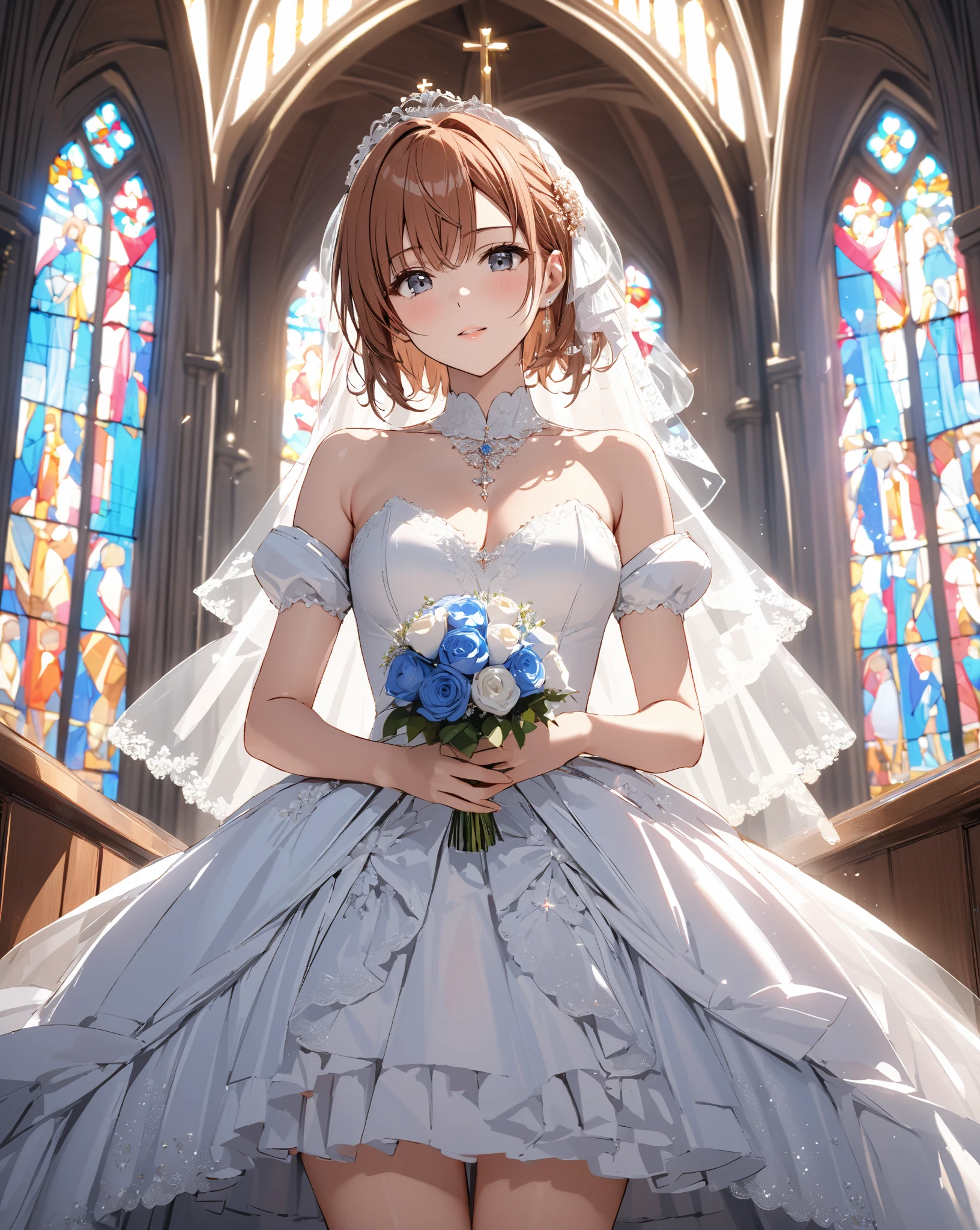 (masterpiece, best quality:1.2), 1girl, solo, brown hair, medium hair, sidebuns, brown eyes, small breast, bride, elbow fingerless gloves, bouquet, full body, indoors, cowboy shot, church