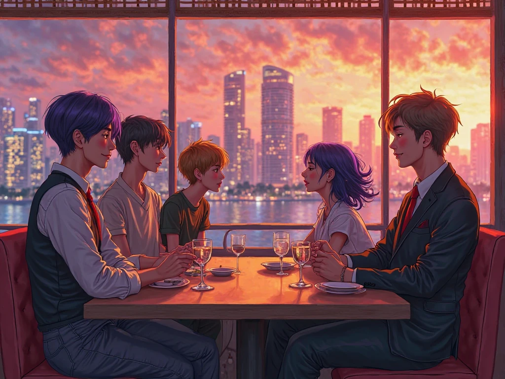 a couple of happy friends sitting on chairs in an ice cream parlor eating ice cream, the girl has short black hair and the boy has blue hair