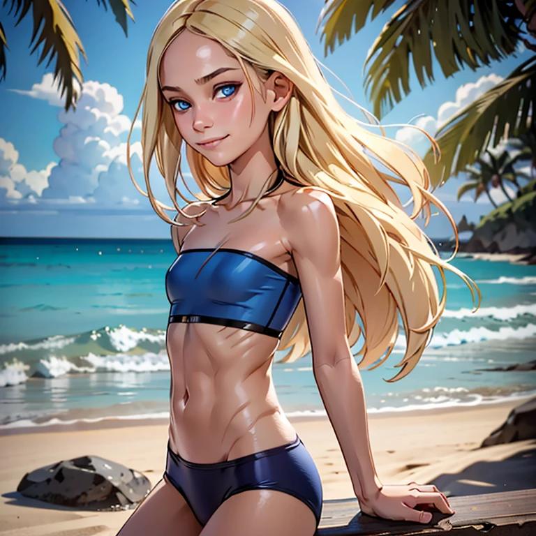 Ami from Sailor Moon　White bikini lady　surfing　Japanese　Very delicate and beautiful　Ocean　smile　Sandy Beach　sit cross-legged on a surfboard
