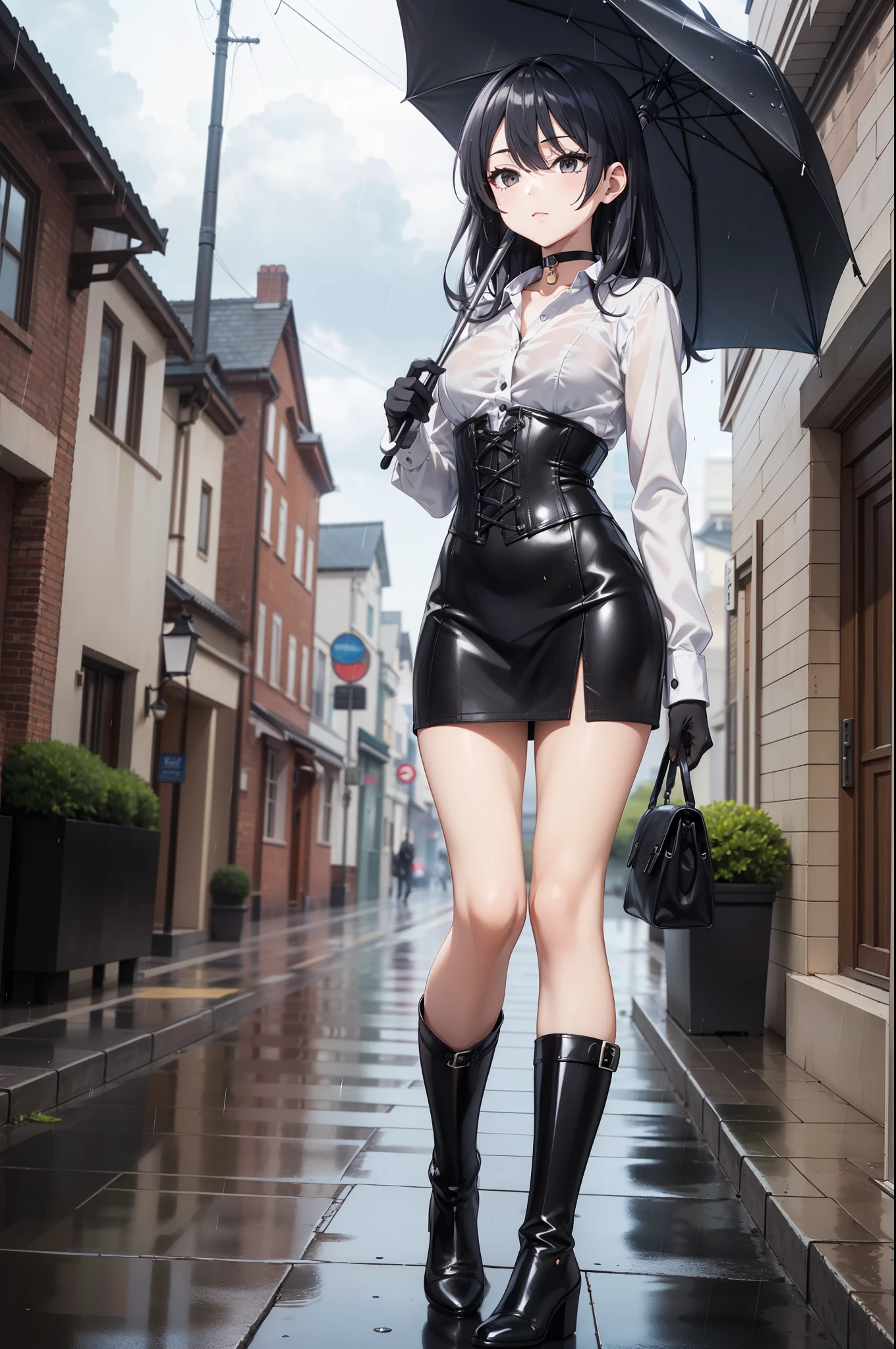 masterpiece, anime style, A young girl,  of foot, ( seen from the front ), (Hold an umbrella with both hands), pretty face, blank stare, looking at the spectator, long black hair, detailed eyes,  black eyes,  choker : 1.6, (( long sleeve white shirt )), ( black gloves ), (black leather corset), ((black miniskirt)),  brown stockings,  black leather boots ), self-critical , Victorian style street , city umbrella,  it's raining, rain, cloudy 