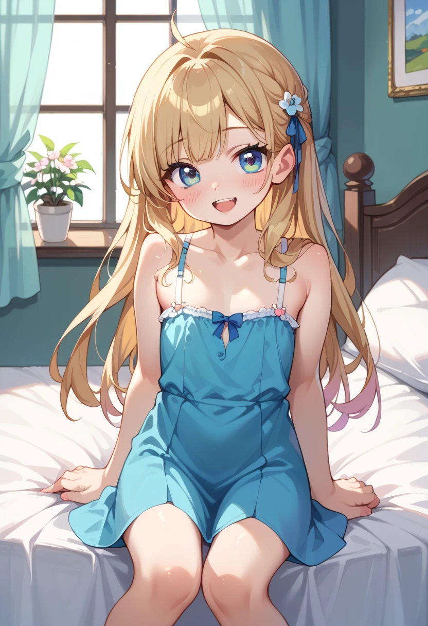 (( best quality)), ((masterpiece)), (be familiar with),  perfect face, indoor, bedroom,  viewer,
One woman,  Gamemun Neko ,
 open mouth,  ecstatic expression with hands in front of body, blush, smile,
Small breasts,  flat chested, Young girl, Lori,  ****,  girl,
 long hair,  Long Hair,
Leg spread,