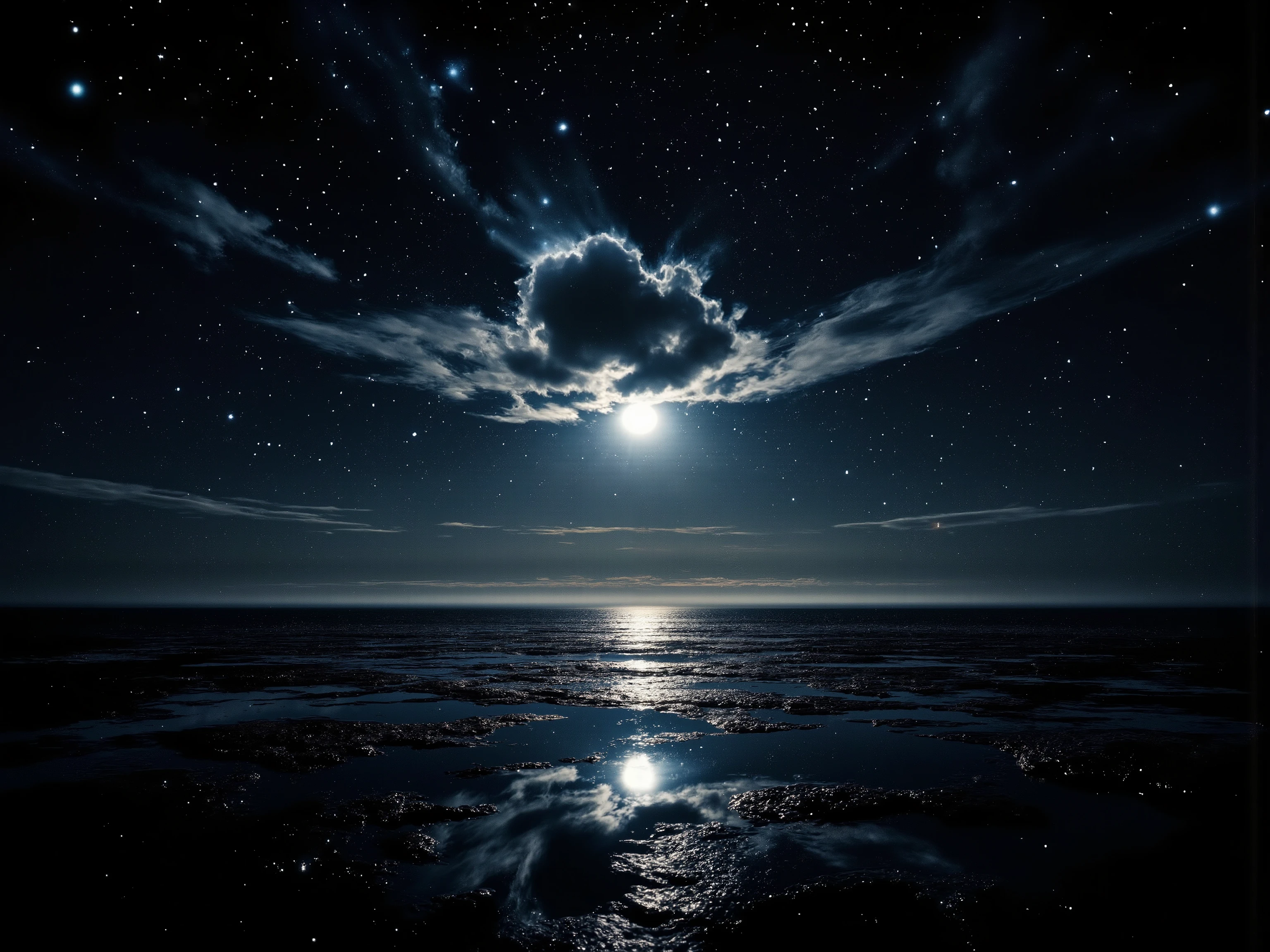 A hyper-realistic night scene featuring a vast, clear sky filled with luminous stars shining brightly above a calm ocean. The water’s surface reflects the starlight and moonlight perfectly, creating a mirror-like effect. A single, solitary dark cloud floats in the sky, its dense core obscuring the full moon behind it. The moonlight intensely outlines the cloud’s edges with a bright, glowing silver, creating a dramatic contrast against the deep night sky. The star-filled sky is densely populated, with varying star sizes adding depth and richness to the scene. The serene ocean amplifies the celestial glow, while the enhanced starry sky evokes a sense of cosmic wonder. The perspective highlights the vastness of the sky and the gentle shimmer of light dancing on the ocean surface, blending tranquility with an ethereal brilliance.
