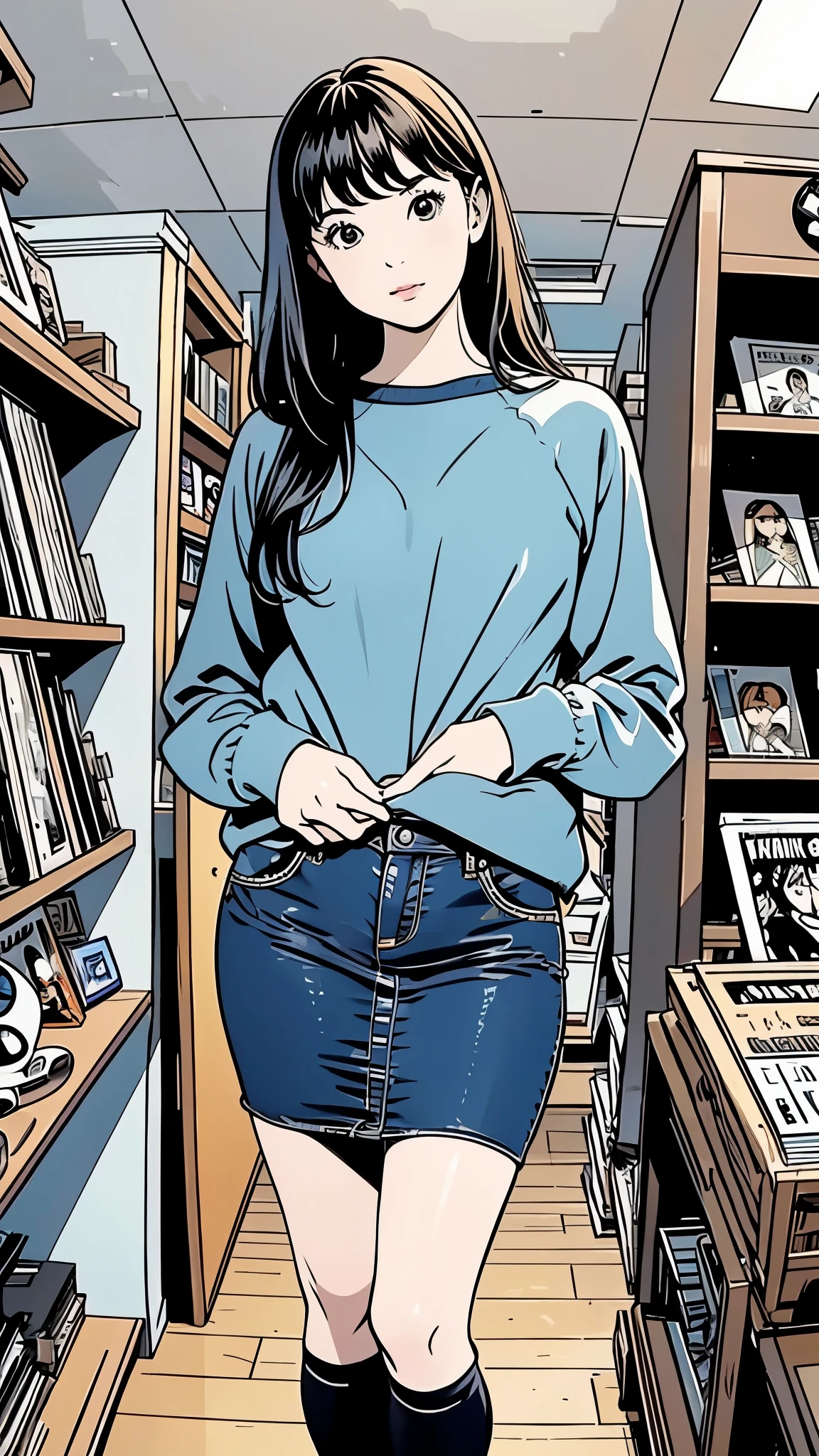  Fisheye 、Cartoon photo of a beautiful woman standing in front of a record store,  street casual、long hair、Bob Singer,  Adrienne Tomine , cartoon photo of a man standing in front of a record store, Digital rendering inspired by Chris Ware , Cliff Chan , Music Records,  Promotional Art , Record Store Girl, Daniel Close, discogs, by Arturo Rivera, David G .  Sorensen , inspired Digital rendering inspired by Chris Ware , Rotating records、hand、美しいhand、anatomically correct、
