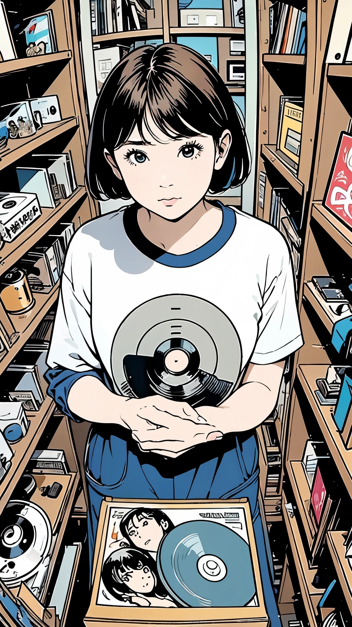 Fisheye 、record shelves, Tim Doyle , Tumbler, Under Art in Oil , Close up of a woman holding a record jacket in front of Infinite Records, discogs, Douglas Smith , vinyl, by Billy Colgan, medium closeup, Artistic record jacket design, Dylan Kowalski i, Adrienne Tomine , , printing!, Dylan Kowalski , Music Records、細かいhand、hand、The anatomy is k correct、