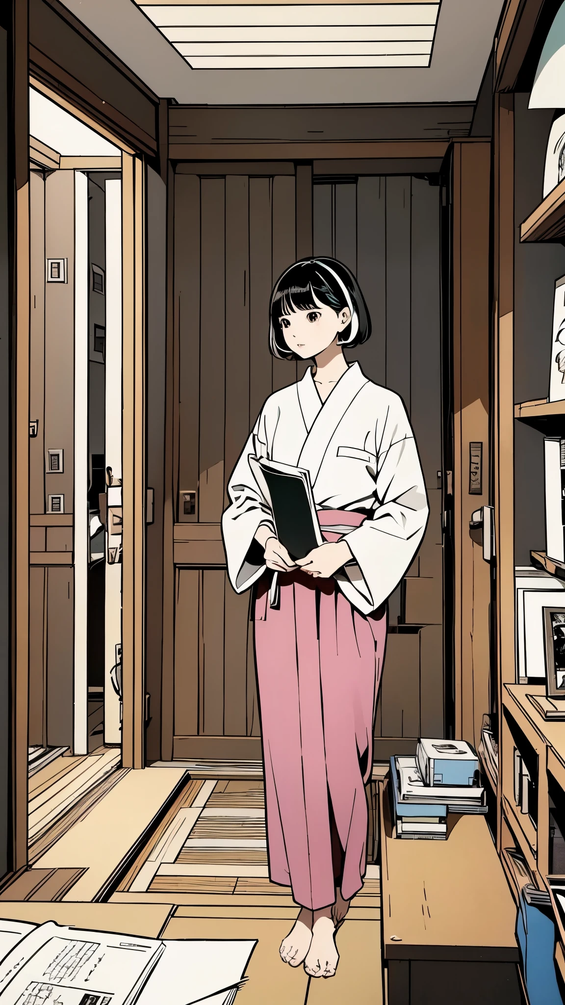 Fisheye 、Picture of a beautiful woman with a bird on her head reading a newspaper, Short Bob Hair by Kamisaka Sekka, Hiro Yamagata, By Yukihiko Yasuda, by Yoshihiko Wada, by Oze Kanaoka, Narashige Koide , satin ten style , by Junpei Satoh, Pale and colorful architectural drawings by Yanagawa Nobumasa , Japanese illustrator