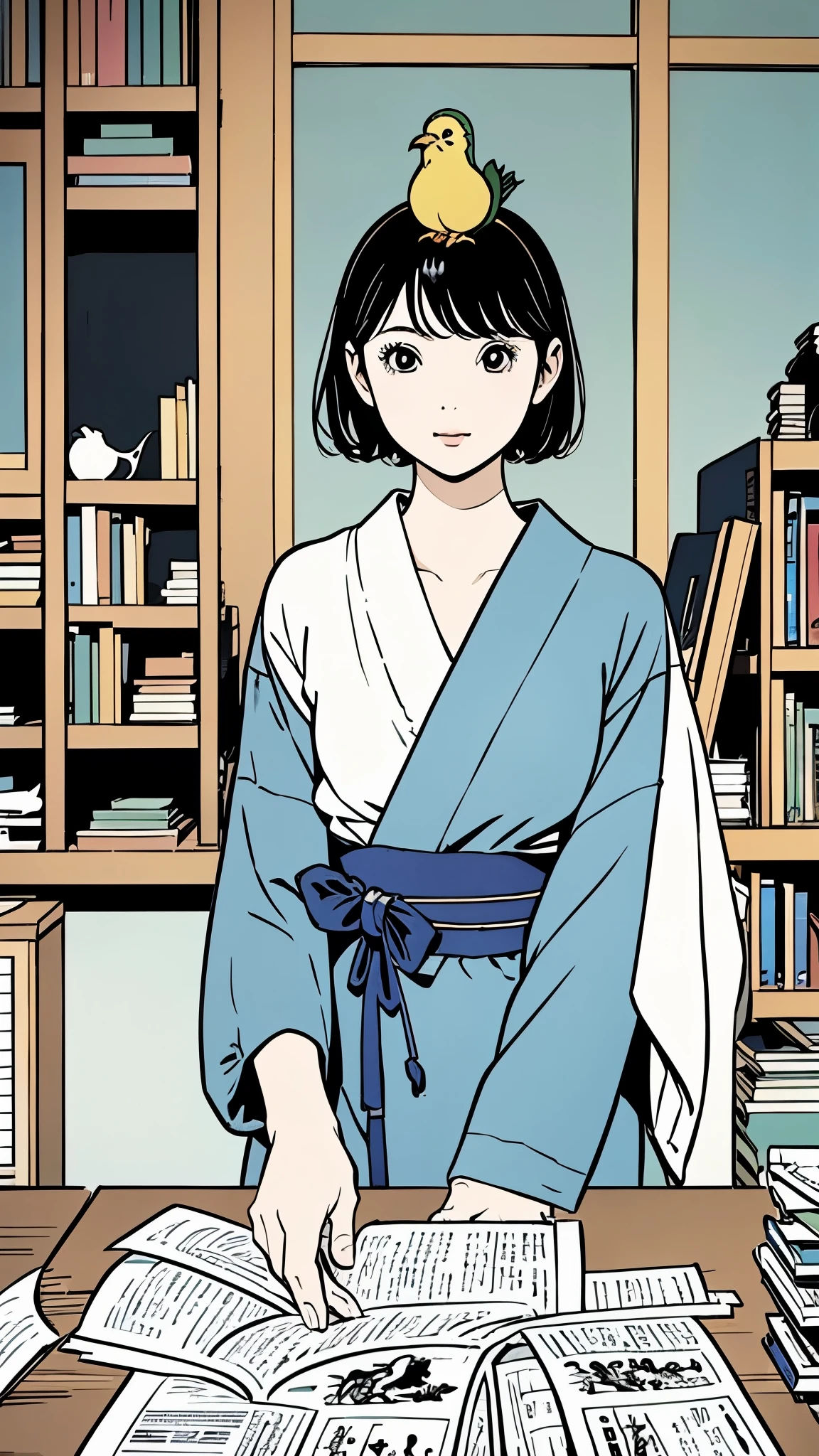  Fisheye 、Picture of a beautiful woman with a bird on her head reading a newspaper, Short Bob Hair by Kamisaka Sekka, Hiro Yamagata, By Yukihiko Yasuda, by Yoshihiko Wada, by Oze Kanaoka, Narashige Koide ,  satin ten style , by Junpei Satoh,  Pale and colorful architectural drawings by Yanagawa Nobumasa ,  Japanese illustrator 