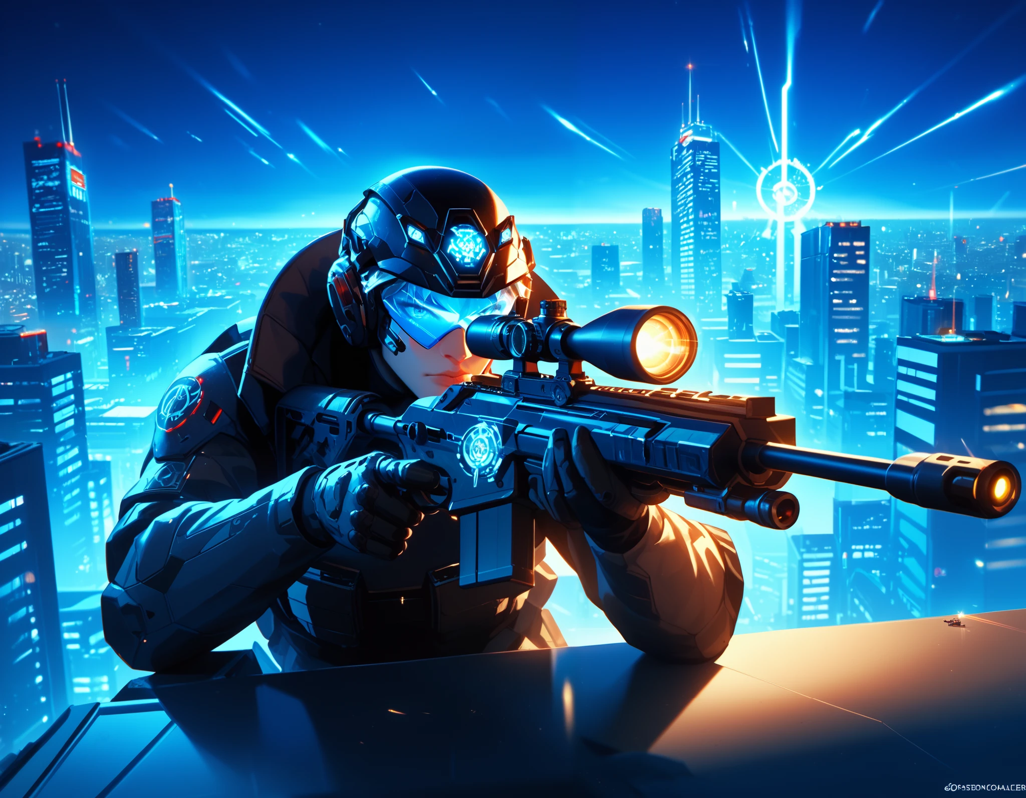 A futuristic sniper in a cyberpunk city, positioned on a rooftop at night. The sniper is dressed in a sleek, all-black tactical suit with a high-tech helmet that has a glowing red visor. They are aiming a highly advanced, mechanical sniper rifle with glowing blue energy lines and a digital scope. The target is visible through a window in a nearby skyscraper, illuminated by neon lights. The city skyline in the background is filled with towering skyscrapers, holographic billboards, and a misty atmosphere. The sniper's pose is tense and focused, ready to take the shot. Cinematic lighting and dramatic composition.