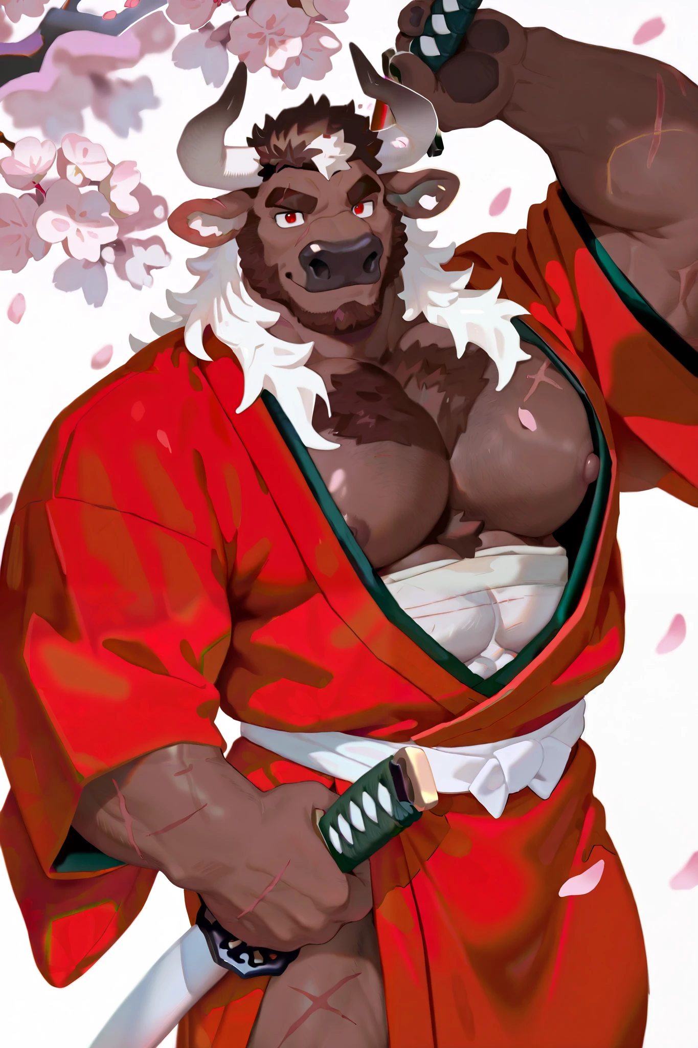 1boy, solo, anthro furry, minotaur, bull, large curved horns, short brown fur, brown-black beard, dark patterns, red eyes, eyes with scars, white hair, brown-black hair, brown-black chest hair,
red Japanese clothes,(kimono),Exposing nipples
Standing under cherry blossoms,samurai,long 1sword