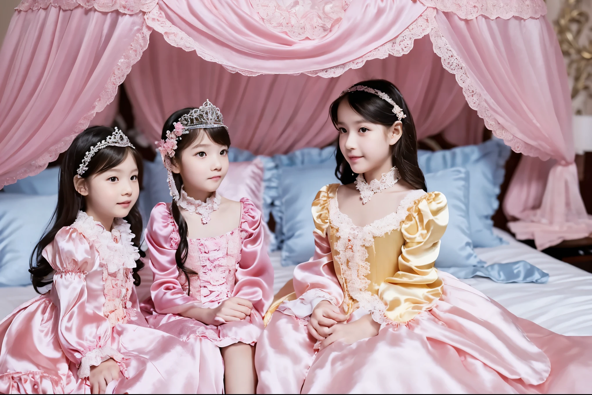 A composition that reflects the entire bed,,highest quality, masterpiece, highest resolution, artwork, super それにget used to it, many get used to it, get used to it, それにget used to it, 3k realistic pictures,,((short body height:1.0)),(( girl)),Ultra-detailed juvenile face,three are princesses,((rococo style full length big round ball gown dress)),ruffled yoke collar,puff sleeves,long sleeve,((Lolita style hot pink detailed princess satin dress with lots of ruffles and ribbons)),Rococo style lolita fashion,shiny satin dress,Soft and smooth fabric,luxury,long blonde hair,blue eyes,white skin european,Pajama,((in the bedroom)),luxury princess canopy frilled bed,super detailed bed,(((pink silk satin bed sheets:1.0))),(((pastel color silk satin pillows:1.0))),they are sitting on the bed,High-quality background,