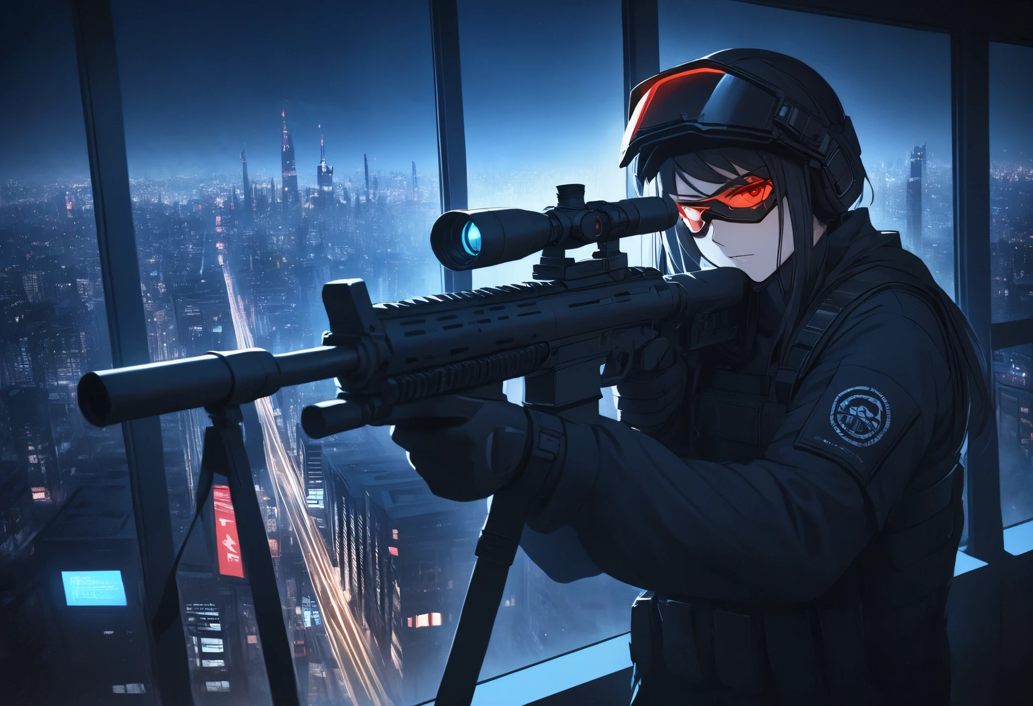A futuristic sniper in a cyberpunk city, positioned on a rooftop at night. The sniper is dressed in a sleek, all-black tactical suit with a high-tech helmet that has a glowing red visor. They are aiming a highly advanced, mechanical sniper rifle with glowing blue energy lines and a digital scope. The target is visible through a window in a nearby skyscraper, illuminated by neon lights. The city skyline in the background is filled with towering skyscrapers, holographic billboards, and a misty atmosphere. The sniper's pose is tense and focused, ready to take the shot. Cinematic lighting and dramatic composition.