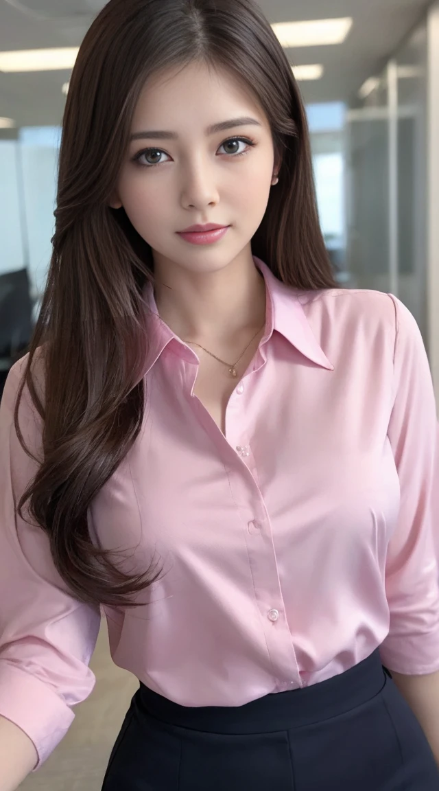best quality, realistically, super detailed, detailed pubic hair, High resolution, 8k wallpaper, 1 beautiful woman, Pink wet lips, light brown messy hair, Please wear a low-cut white business shirt and a dark navy blue skirt., lock focus, perfect dynamic composition, beautiful eyes, delicate hair, Detailed realistically skin texture, smile, close up portrait, model body shape, In a nostalgic office, blurred background, full body shot, Shooting from a distance,