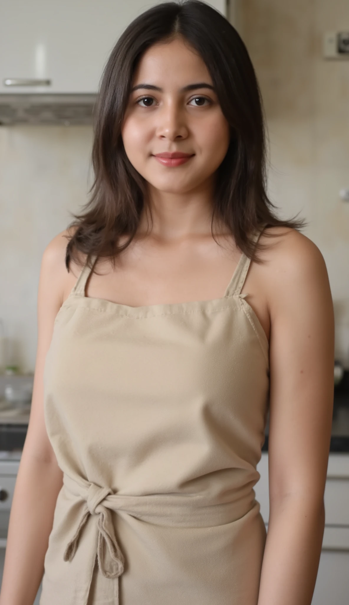 Draw a realistic portrait of a girl , A big-breasted Indonesian woman stands. creates a shimmer on her skin and moisturizes her long hair. , black hair. her hair flows down her shoulders , and her face is gentle and calm , with a slight smile as she looks at viewer , enjoy the refreshing feeling . she is wearing naked apron, which is slightly attached to her figure , Add touch and realism . The background is kitchen , with softness , The diffused light adds a refreshing vibe . , And this scene captures the calm and intimate moment as she enjoys the coolness in a natural and peaceful environment, chest forward, look at viewer.