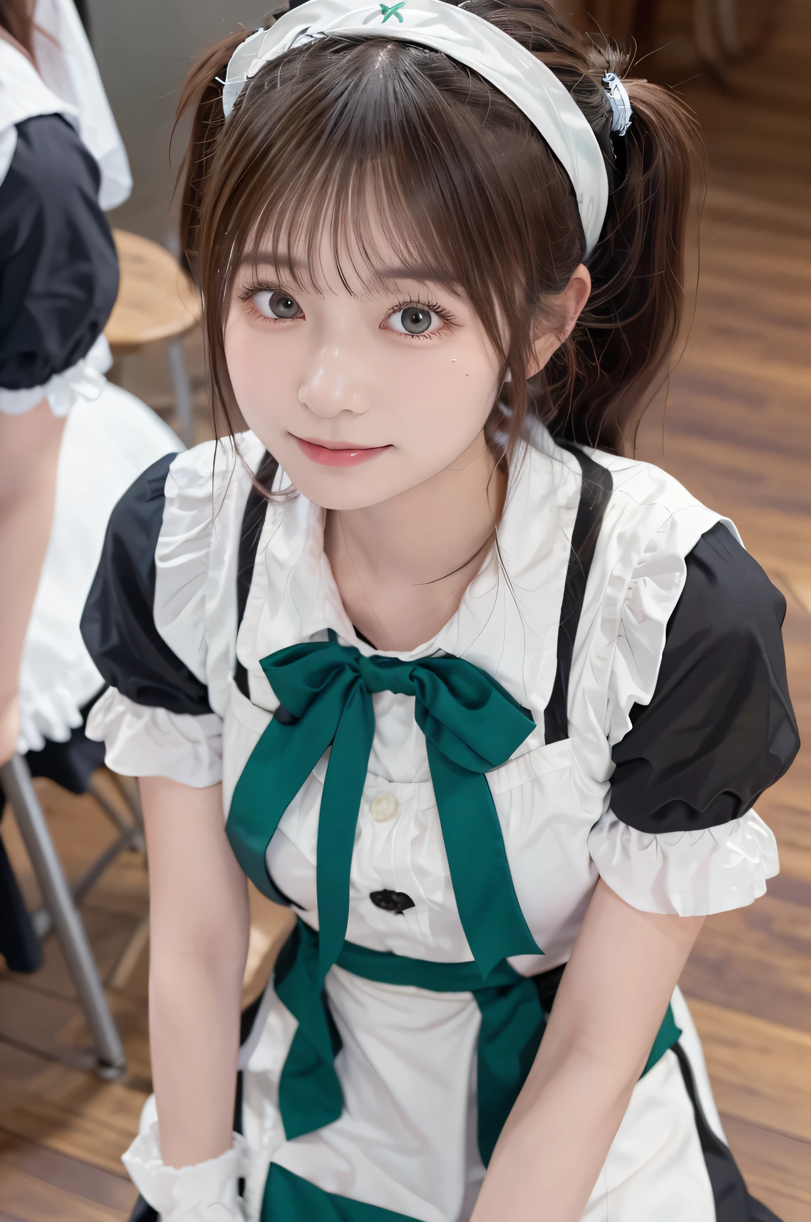 table top, top quality of talks, shape, Very Detailed , Details, high resolution, 8k wallpaper, perfect dynamic composition, ((close:1.3, from above, And viewers )), beautiful details , (Wearing a cotton maid outfit, , Cute ruffled girl dress , A maid headband with a gentle smile , The base color is white 、black、green), Twin Tails