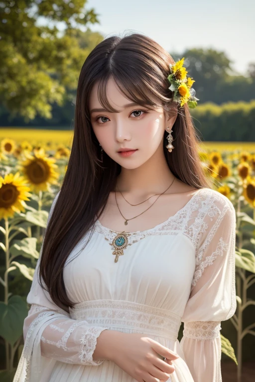Cute 1 Girl、A girl is standing in a sunflower field on a small hill, She is wearing a white dress with a small bust、The blouse is light blue、She is wearing a hair accessory made from hibiscus、I can see light from a farmhouse window in the distance、The star Orion shines in the night sky、Perfect lighting、Sharp focus、High definition、high resolution、High color reproducibility、High resolution、Surreal、Like the picture