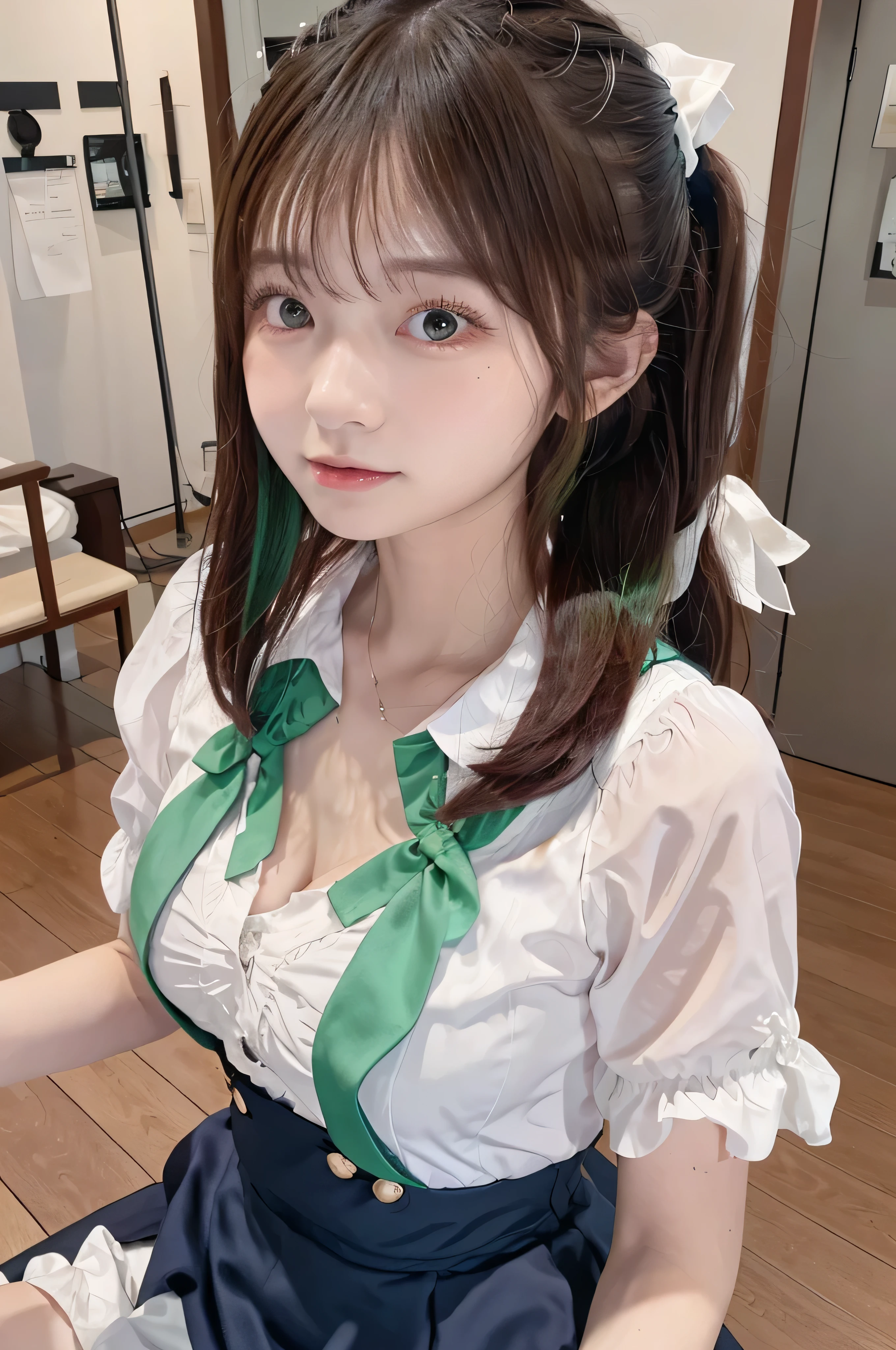 Tabletop, highest quality, shape, Very detailed, In detail, High resolution, 8k wallpaper, Perfect dynamic composition, ((close:1.3, From above, View your viewers)), Beautiful details , (Wearing a cotton maid outfit, , Cute Ruffle Girl Dress, Maid's headband, Base color is white、black、green),Twin tails