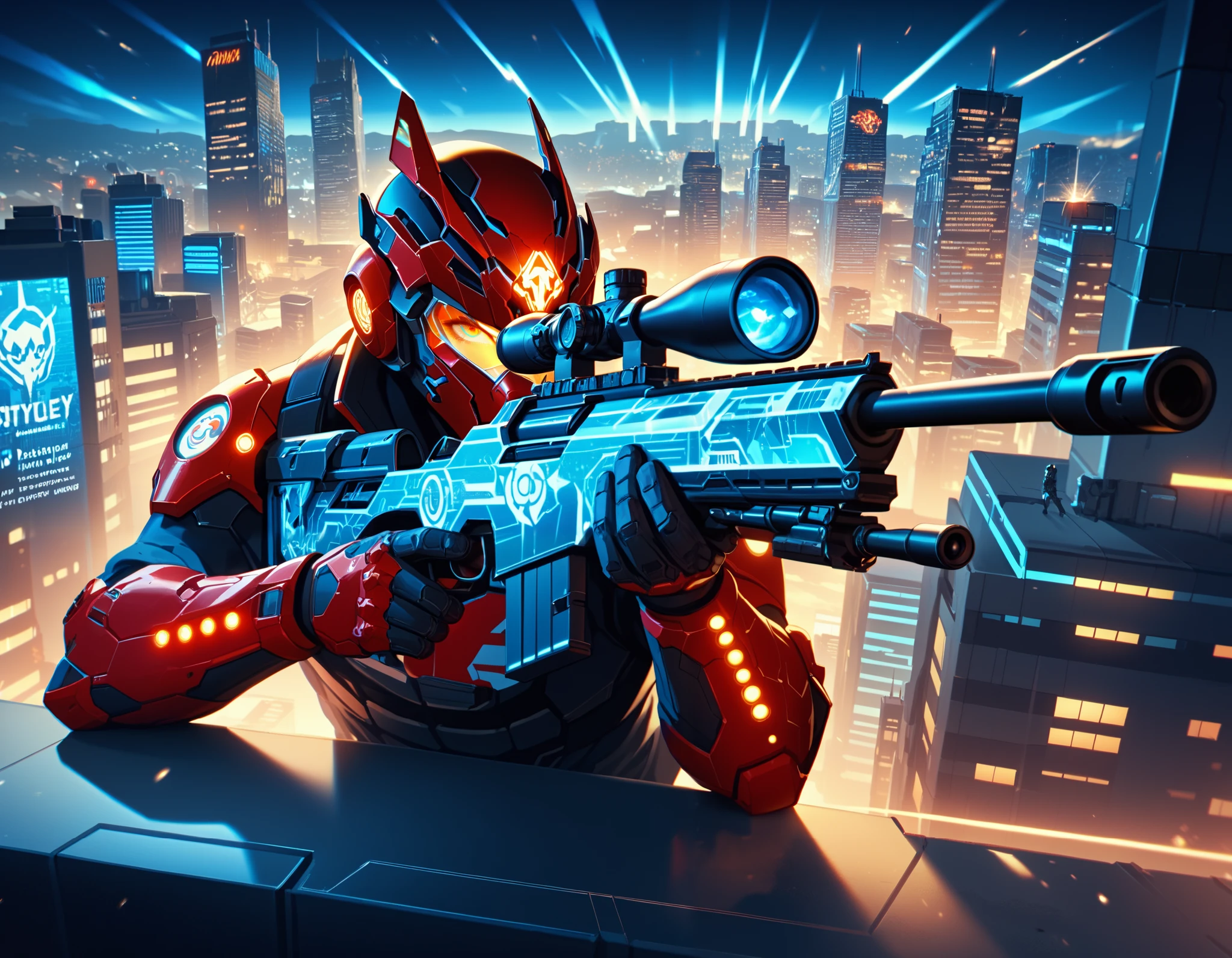 A futuristic sniper in a cyberpunk city, positioned on a rooftop at night. The sniper is dressed in a sleek, all-black tactical suit with a high-tech helmet that has a glowing red visor. They are aiming a highly advanced, mechanical sniper rifle with glowing blue energy lines and a digital scope. The target is visible through a window in a nearby skyscraper, illuminated by neon lights. The city skyline in the background is filled with towering skyscrapers, holographic billboards, and a misty atmosphere. The sniper's pose is tense and focused, ready to take the shot. Cinematic lighting and dramatic composition.