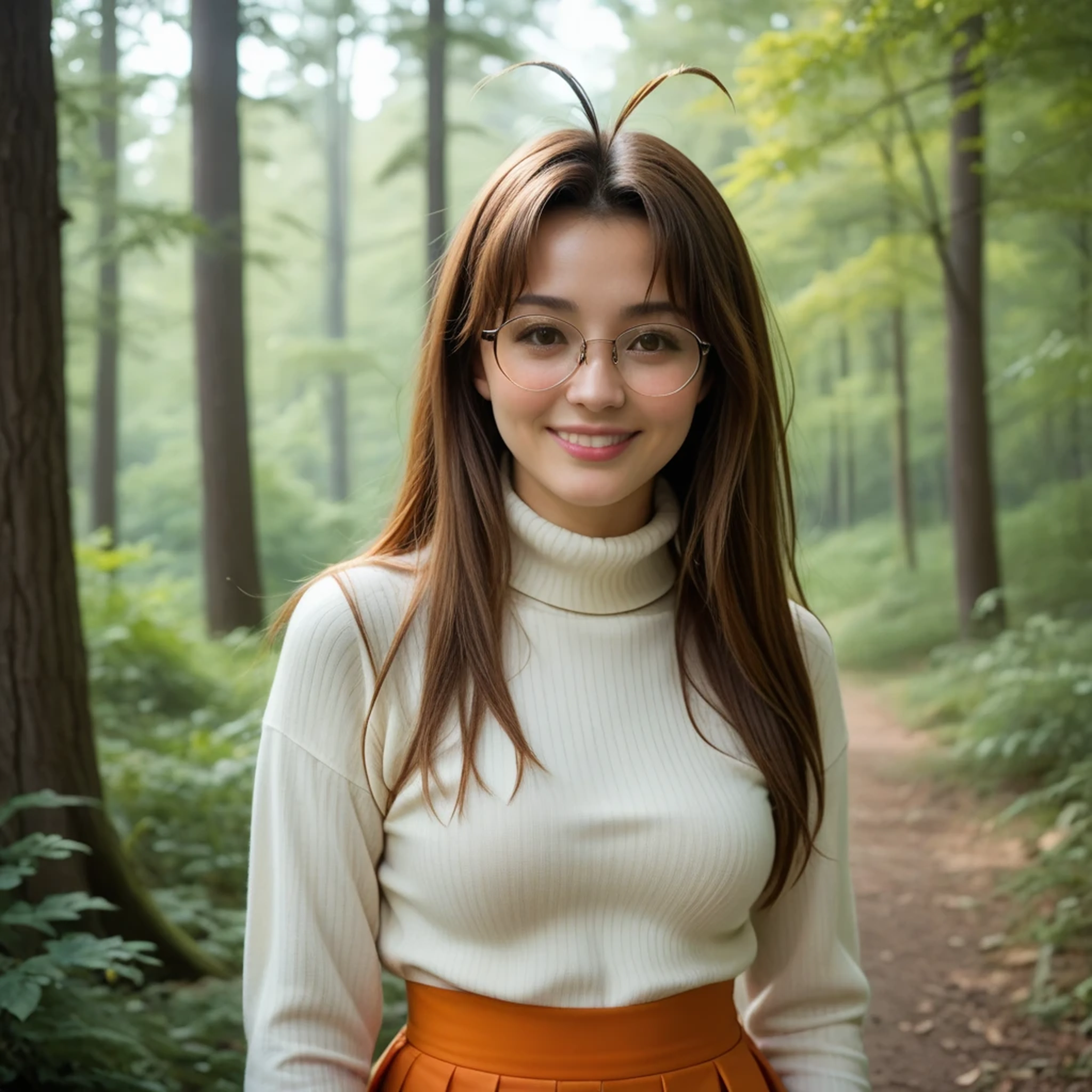 narunarusegawa, naru narusegawa, long hair, brown hair, antenna hair, realistic antenna hair, antenna hair looks like real hair, brown eyes, amazingly beautiful face, realistic japanese female face, light cosmetics, detailed face, Naru Narusegawa professional cosplay vibes, very detailed face, realistic skin, skin pores,
skirt, jewelry, pantyhose, sweater, turtleneck, orange skirt, round glasses
outdoors, trees, forest, detailed background, mountains
volumetric lighting, tone mapping, looking at viewer, smiling, perfect teeth, centered photo, UHD 16K RAW Photo, photorealistic, masterpiece, best quality
