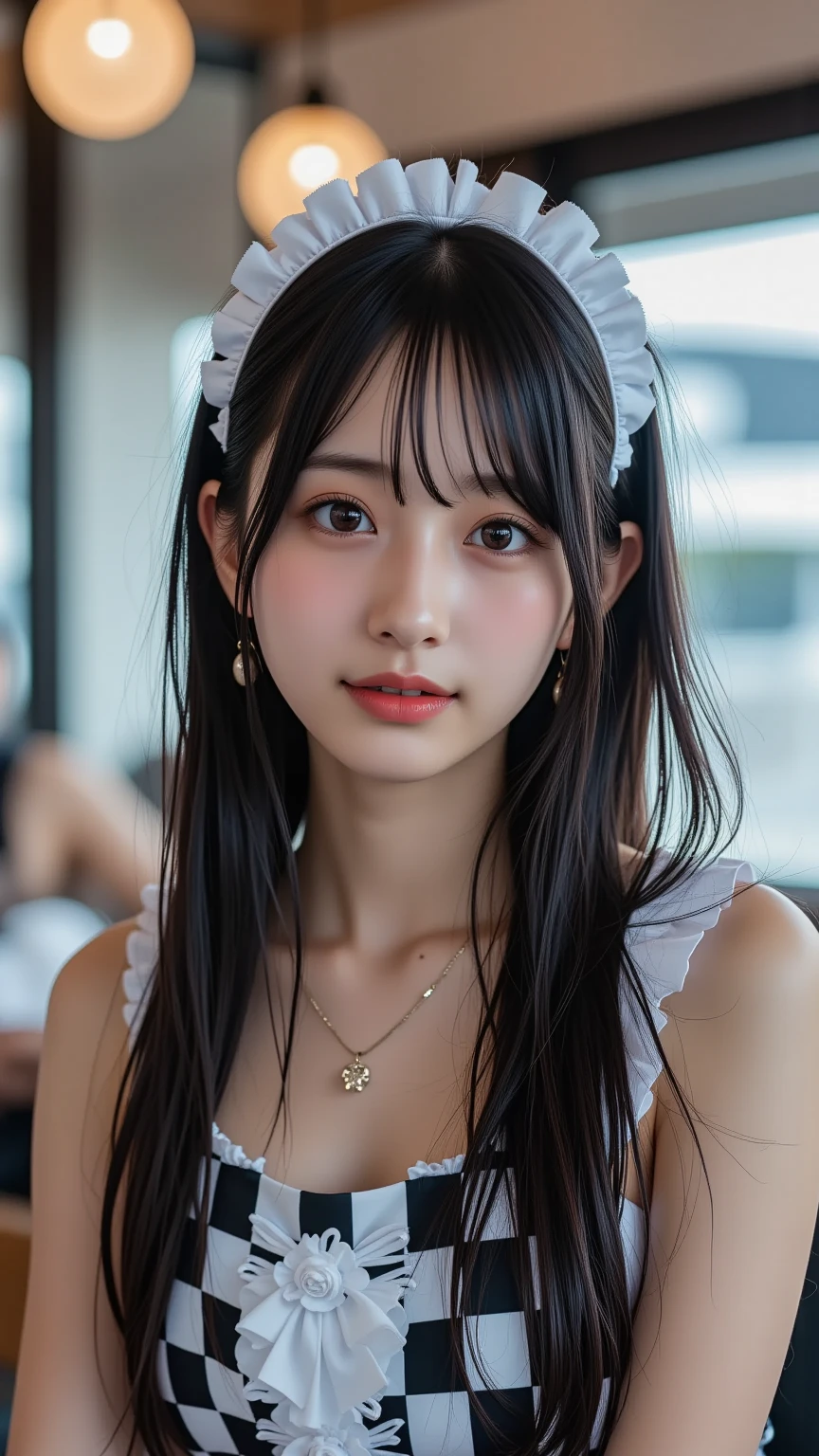 8K, Ultra-high resolution, Highest quality, masterpiece, 三分割法によるphotograph,Surreal, photograph, 1 Girl, (16 years old:1.3), pretty girl, Cute face, Beautiful eyes in every detail, 細かくdetailedに,masterpiece,One Girl:1.2, Japan Female Announcer, whole body,glaring,Black Hair,Bob with bangs,A city near the future,cyber punk,(Highest quality, 8K, masterpiece, Best image quality,  Ultra HD, Delicate and smooth skin, Realistic Skin, Perfect and beautiful face ,完璧でCute face, Skin with attention to detail, Perfect limbs、Narrow waist、Thin legs)、Browsing Caution、Sulky face、(A fusion of Lolita fashion and maid outfits),Beautiful leg line beauty,Looking at the audience、beauty,Long neck、(((Ideal body type))),A cup small breasts :2,、Portraiture:2、Perfect Anatomy、鮮明なdetailed、detailed、Surreal、Light and shadow,Strong light