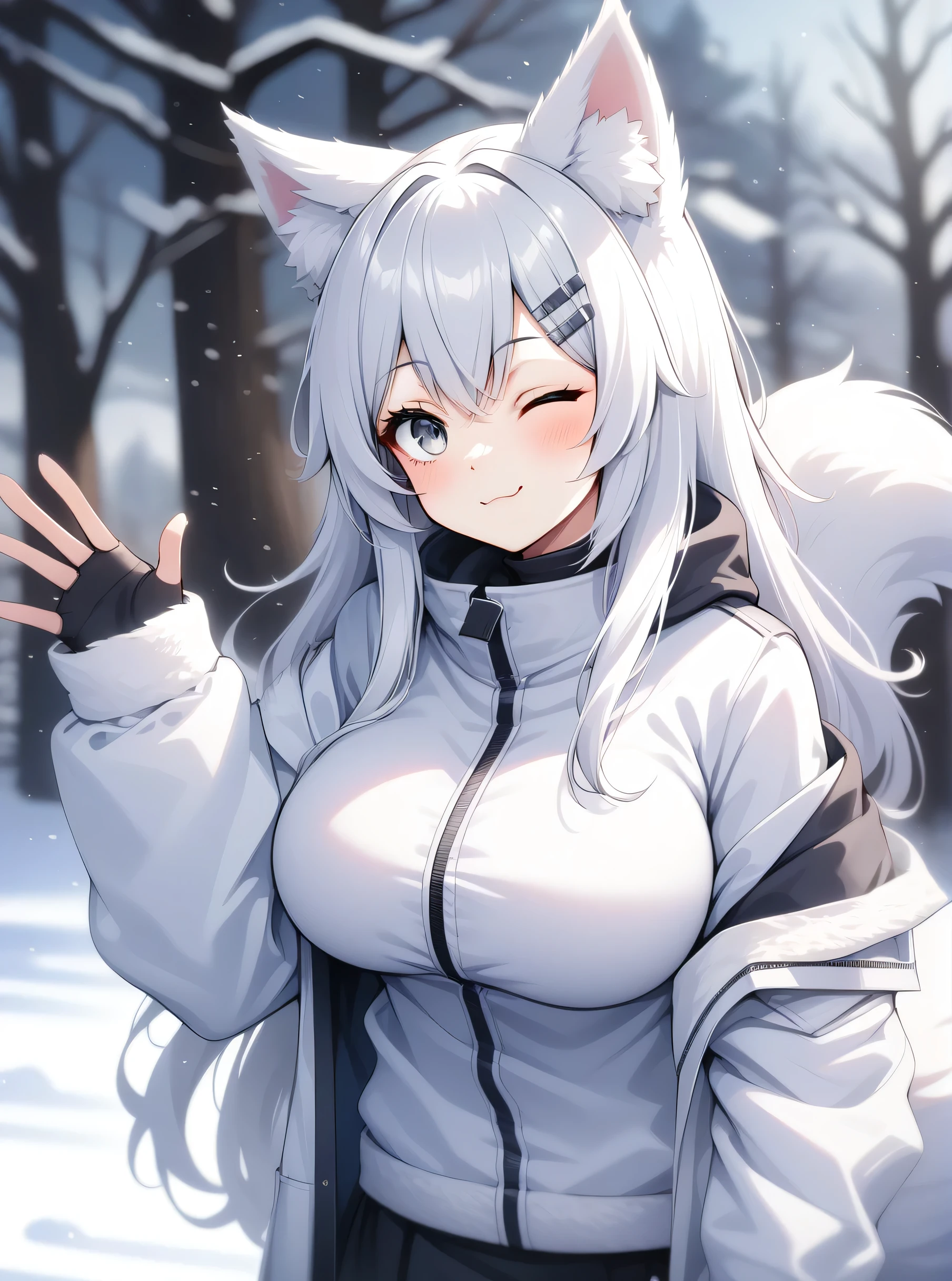 masterpiece, best quality, highres, 1girl, white hair, ponytail, fox ears, fox tails, winter closing, Scarf, sweater, huge breasts,