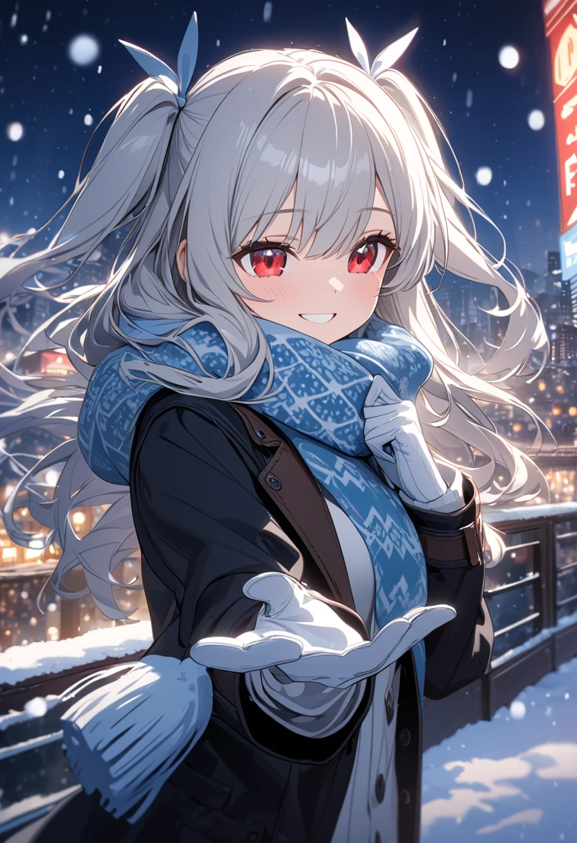 masterpiece,amazing quality,best quality,ultra-detailed,8k,illustration,CG, 1girl , tell me about 1 beautiful girl ,two side up, red eyes, Silver Hair,Smiling face, pattern , Snow is falling, night city, muffler, gloves, beautiful illuminations , light blue diffused light, looking side ,backlighting, The five fingers of a person's left hand and five fingers of his right hand are absolute requirements,(:1.3 finger heart)