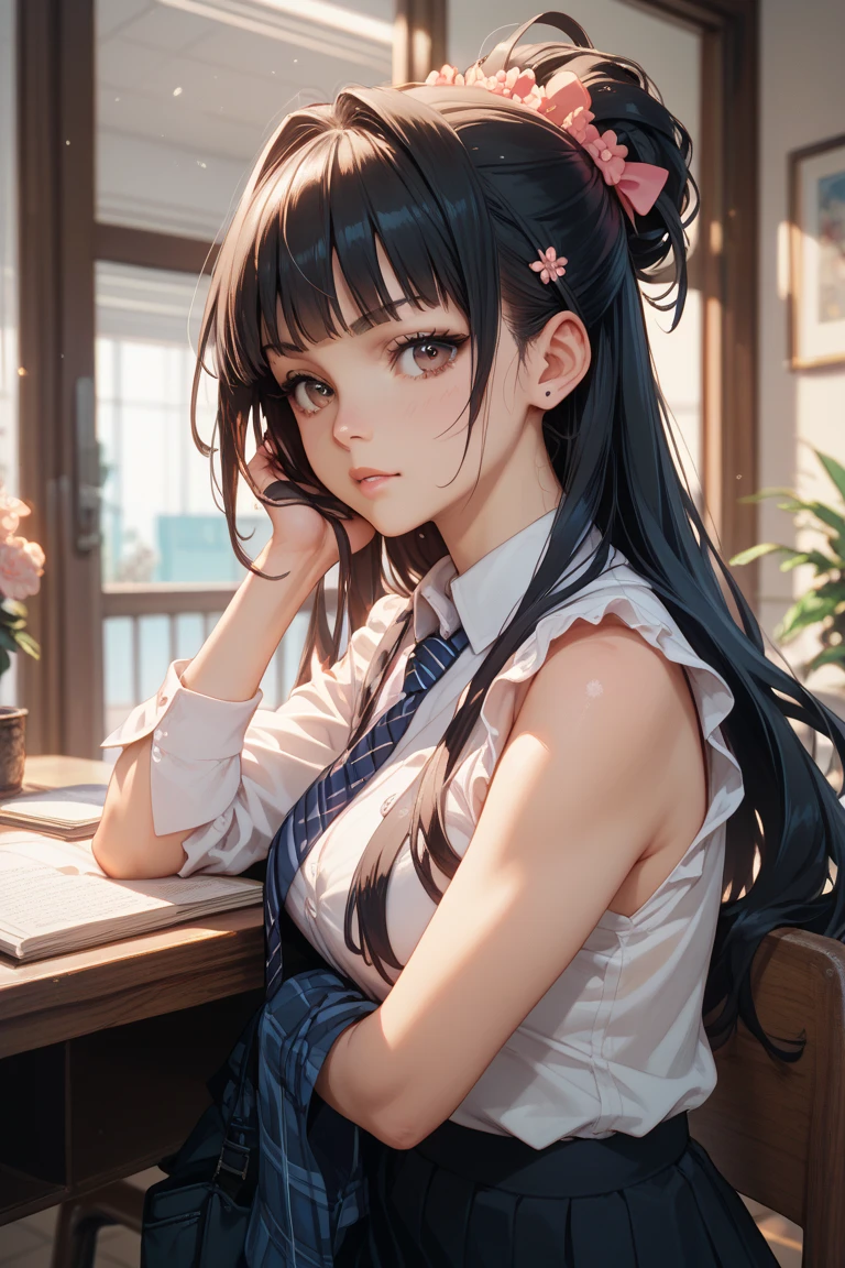 there is a woman sitting on the floor in a skirt, a hyperrealistic schoolgirl, cute schoolgirl, taken with canon 5d mk4, hyperrealistic schoolgirl, realistic young gravure idol, anime girl cosplay, cute elegant pose, taken with canon eos 5 d mark iv, japanese goddess, japanese model, seductive anime girl, wearing japanese school uniform,(best quality, masterpiece:1.2), A Woman, Portrait, Bra, outdoor --auto