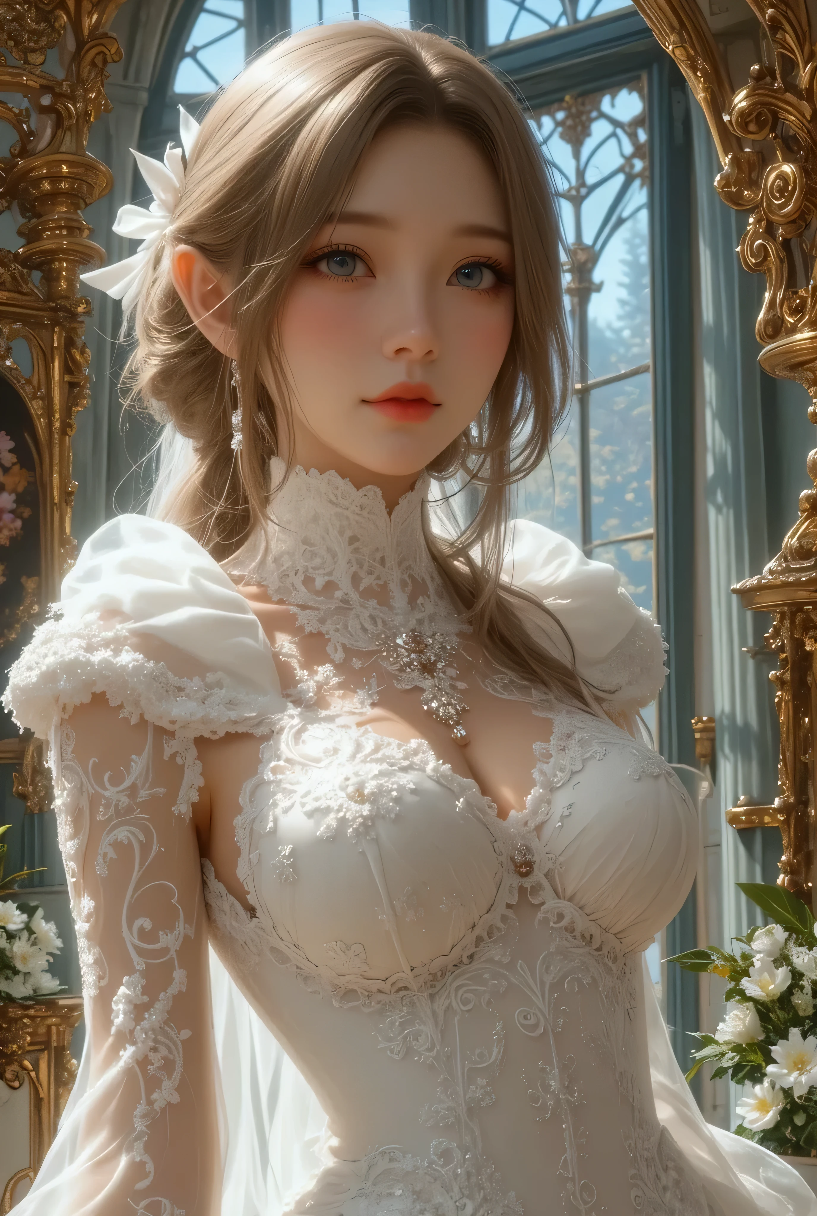 A stunningly tall and well-formed girl with radiant honey-colored eyes, long wavy black hair adorned with delicate light blue highlights, and a complexion as pure as snow. Her beauty is captured in a breathtaking portrait, with every detail meticulously crafted to perfection. The high-quality image showcases her ethereal presence, drawing viewers in with its mesmerizing charm and undeniable allure.