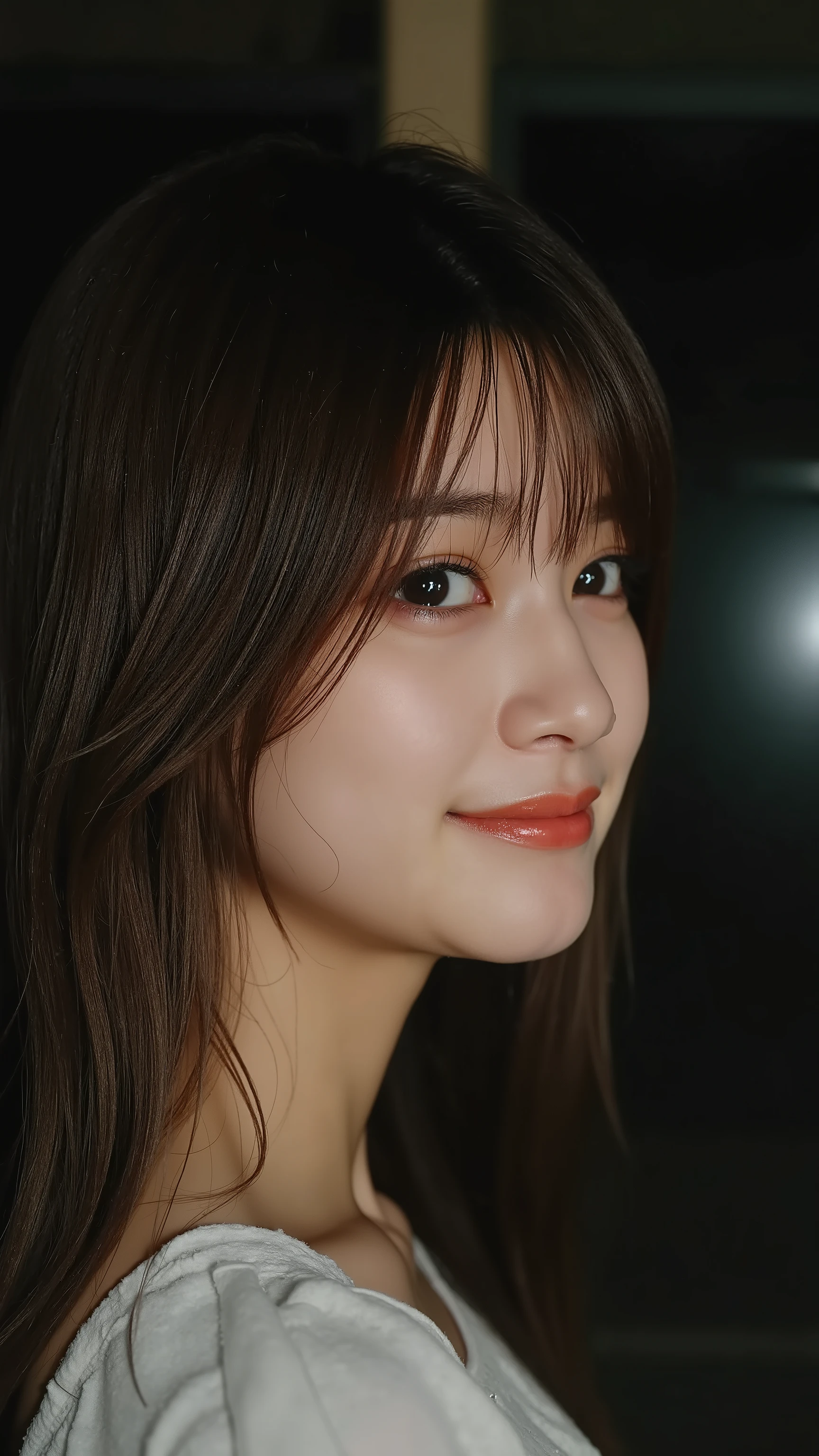 a high resolution photograph of a Japanese young woman, (photo-realistic, realistic, masterpiece, best quality), Intricate details, extremely detailed, ultra high definition, 8k, film grain, lens flare glow, sharp focus, professional lighting, profile, solo, 1girl, straight long glossy hair with bangs, smile, seductive, beautiful, cute, looking at the viewer, detailed face, detailed eyes, sophisticated nose, (detailed clothes features), simple background,