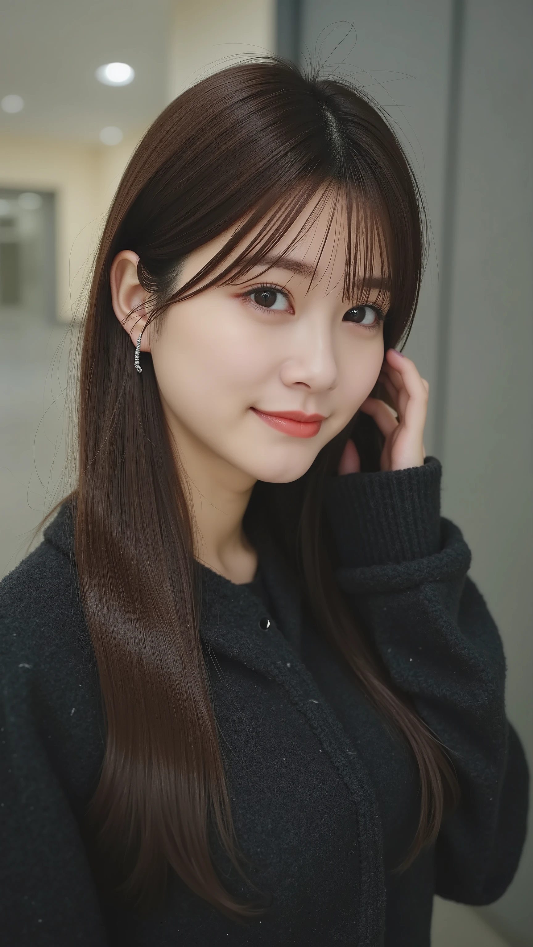 a high resolution photograph of a Japanese young woman, (photo-realistic, realistic, masterpiece, best quality), Intricate details, extremely detailed, ultra high definition, 8k, film grain, lens flare glow, sharp focus, professional lighting, profile, solo, 1girl, straight long glossy hair with bangs, smile, seductive, beautiful, cute, looking at the viewer, detailed face, detailed eyes, sophisticated nose, (detailed clothes features), simple background,