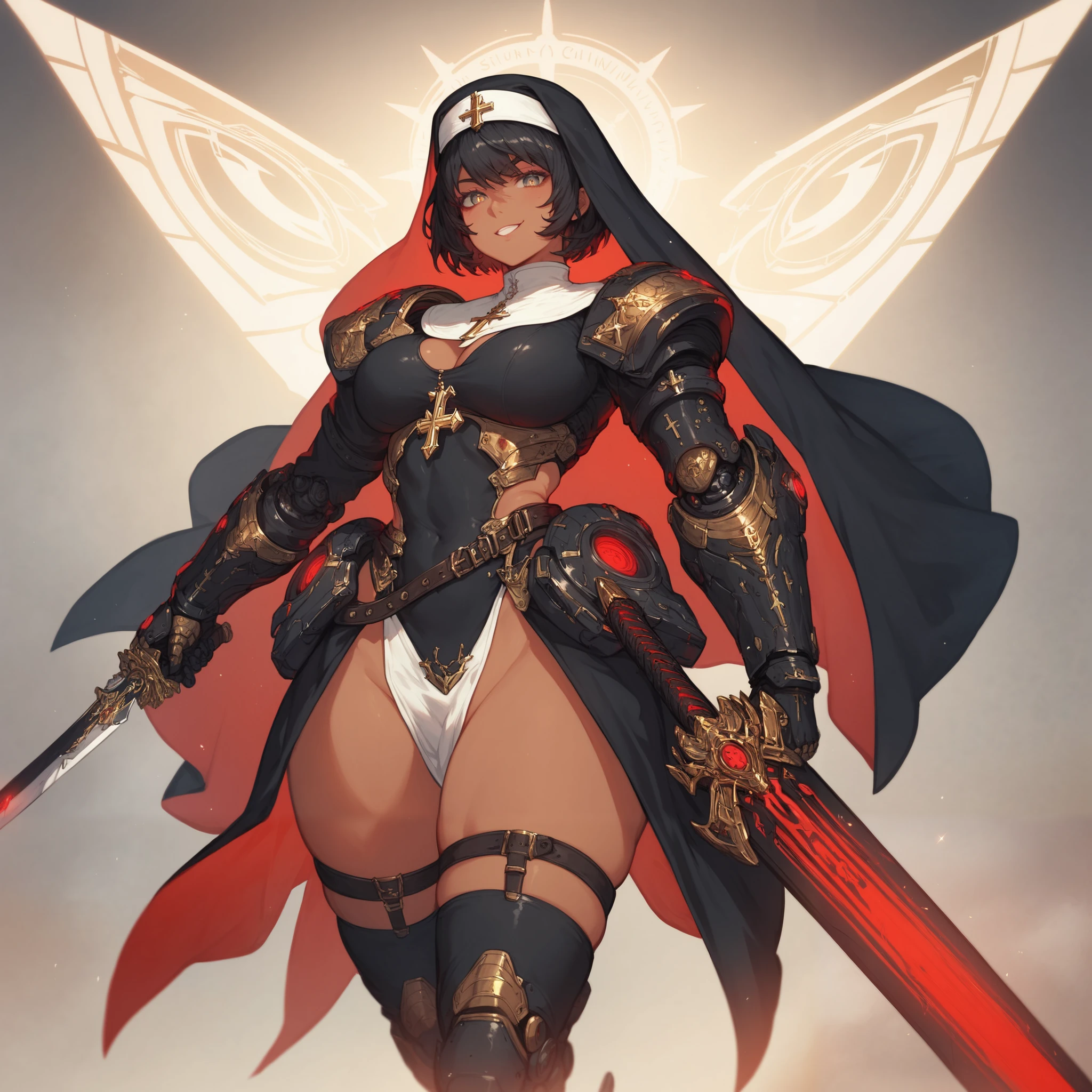 **Connie Maheswaran, Exalted Knight uniform. Azure short elbow-length cape, pants, and robe with a black cross-like cloth piece trimmed with red, golden buttons covering their lower chest and reaching their knees. Azure fingerless gloves and matching boots. Her plate belt buckle with the word 'Valor' engraved on it. Usually so bright, now stained with grime, dust and blood,crucified on a makeshift cross of rubble and metal. Her blade through her stomach, pipes through palms and knees, pipe bent around her neck forcing her to look forward as blood ran for her lips:3 guilty gear, Steven universe, masterpiece, ultra-detailed, best quality