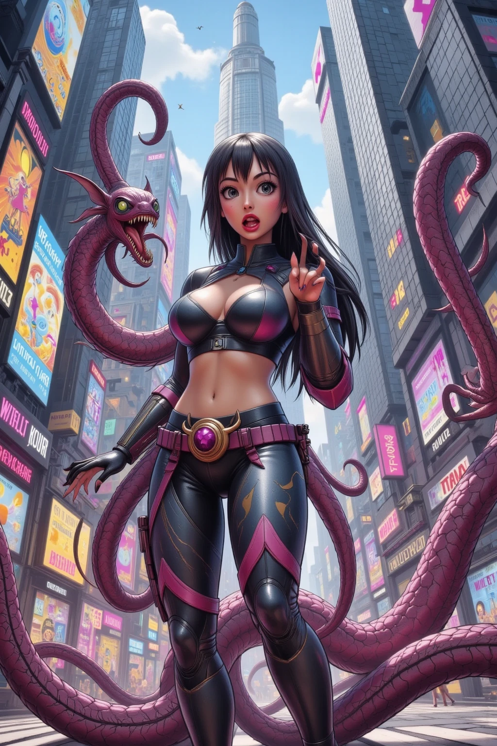 in front a huge scaly violet monster, a full body Lex a Beautiful woman, black curly hair, happy, fun, full of life, wearing a light pink leather jacket waist-coat, wearing a pink mini-skirt, and white ankle length go-go boots, surrounded By a giant ugly Monster, in a dystopian metropolis, she is thin, petite, small breasts, medium dark skin, surrounded By a giant scaly Monster, in a busy metropolis.