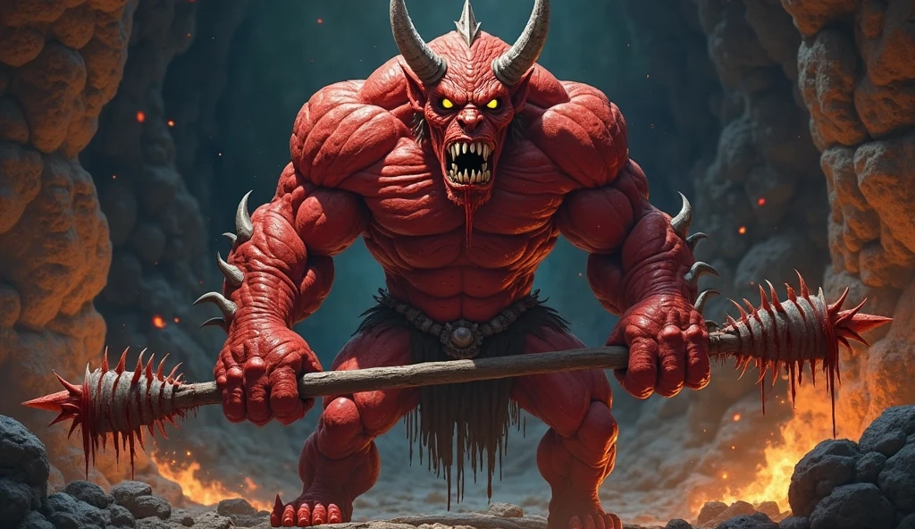 Create a cover for a well-designed book, a red ogre making an angry face with an axe in his hand, covered in blood