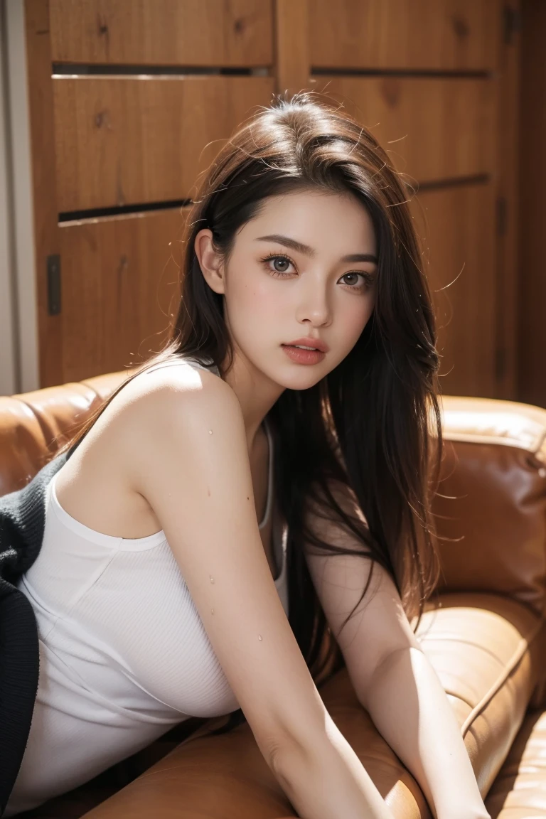 1 Girl,living room,Sitting on the sofa,Soft Light,Chinese Beauty,Tight Fit,dress,Dark-haired,long hair,