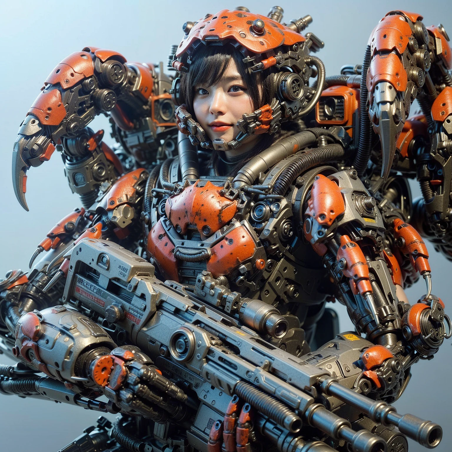 (top-quality:1.2, masterpiece), ultra high res,(Photorealsitic:1.4), (scorpion-like bio animal suit:1.3), heavy weapons,large wings, vivid textures,insect legs, red hair, glowy skin, fur,japanese girl beautiful face, ((super realistic intricate details)), full body shot, globalillumination, octan render, ultrasharp, character edge light, Details of complex ornaments, Acrylic Clear Cover, Hydraulic cylinder
