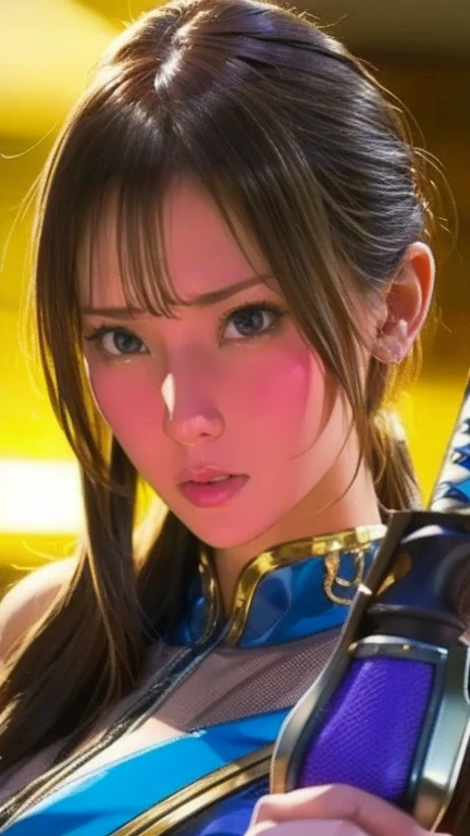 Hyper-realistic portrait of a Japanese girl dressed as Airspeed Ace, intricate and detailed outfit with vibrant colors, close-up, shallow depth of field, soft lighting, high resolution, accurate representation, unique, creative, well-lit, clear details, Canon EOS R5, 100mm lens, f/1.8, elegant, dynamic pose, sophisticated, well-composed