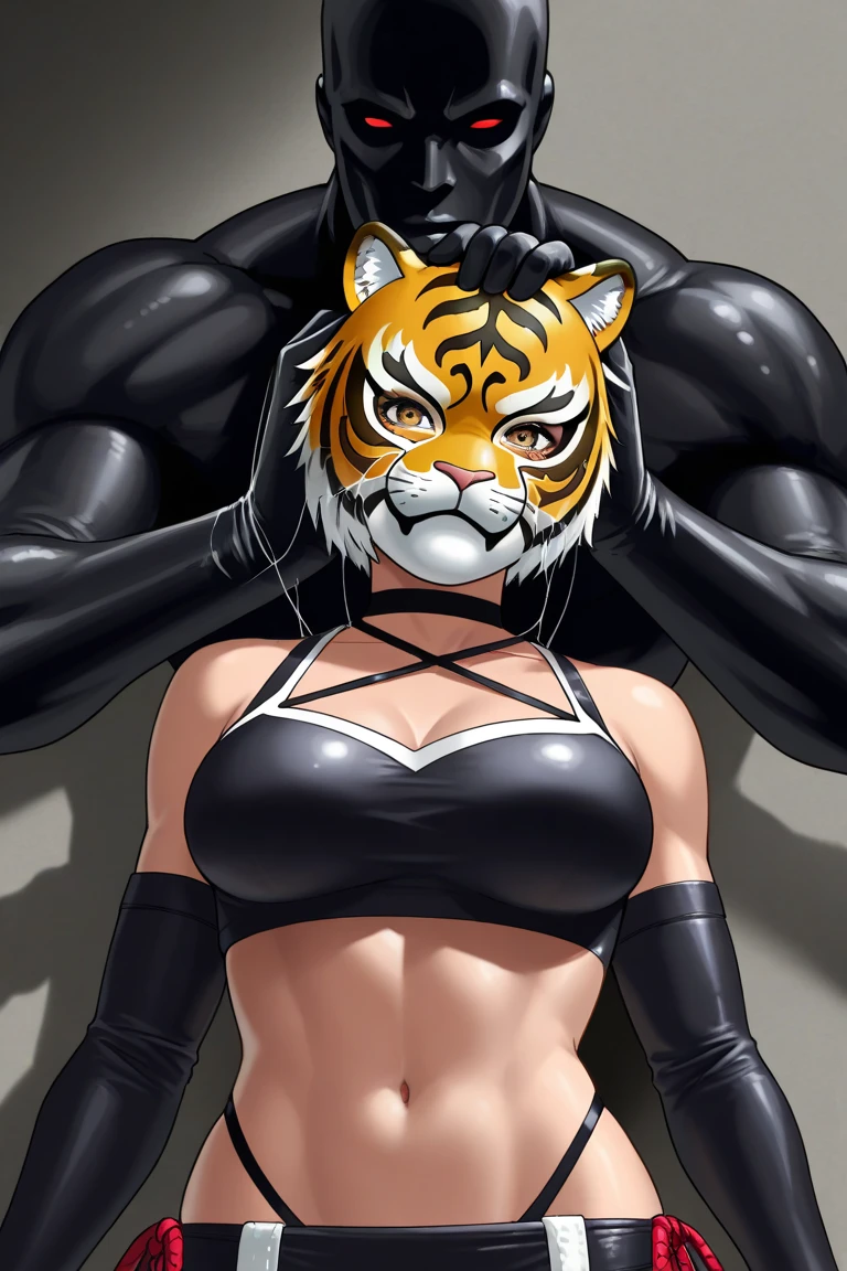 (realistic, high-quality) mature woman transformed into anthropomorphic tiger. clad in a gym clothes style black high cut leotard that shows off her muscular, toned, hourglass body, along with sexy hips and large bust. she has flowing long black hair. baring both sharp teeth and claws to add to her fierce appearance. powerful yet graceful, savage yet seductive, the perfect balance between beauty and beast. (setting modern gym) (close up) (blue eyes with slit pupils)