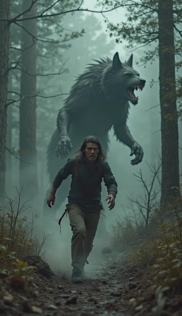 Scary horror image. of a path was long and surrounded by a dense forest.with an image of a fit man,werewolf, PICTURE REALISTIC, high resolution, 8k