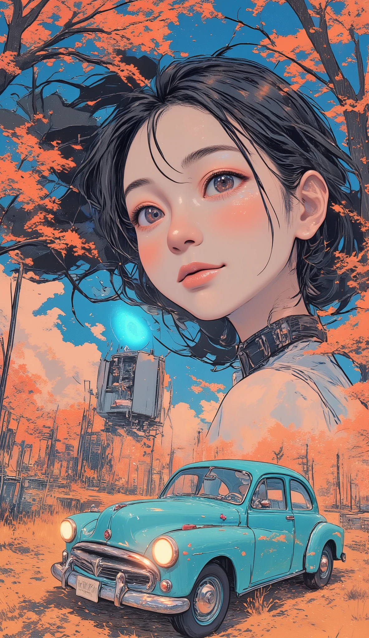 Close up of a magazine cover with a car cartoon, Inoue Naohisa , girl manga, By Naka Bokunen, by Shinoda Toko , Narashige Koide , shoujo manga, Automatic branching, by Oze Kanaoka, girl, by Kinichiro Ishikawa, By Yuko Shimizu