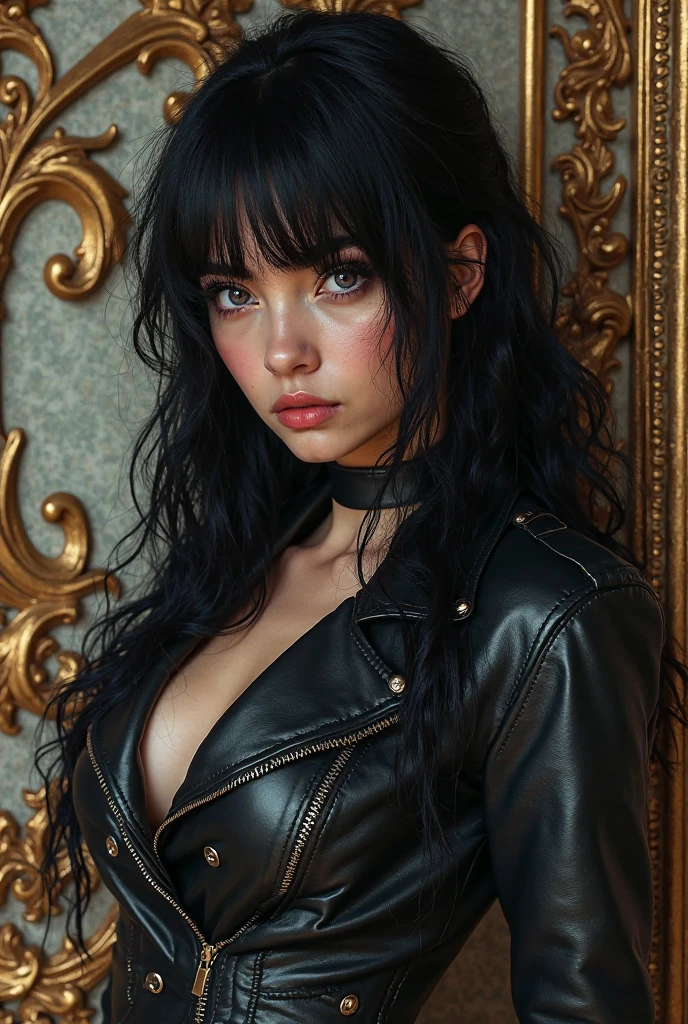 there is a woman with long black hair sitting on a bed, black hair girl wearing deep V sweater, large breasted, profile image, billie eilish, with black hat on head, serious face, 1 23 year old goth girl, wearing a choker and a cute hat, large breasted. (texture skin, Film grain), cinematic light, side lighting, ultra high resolution
