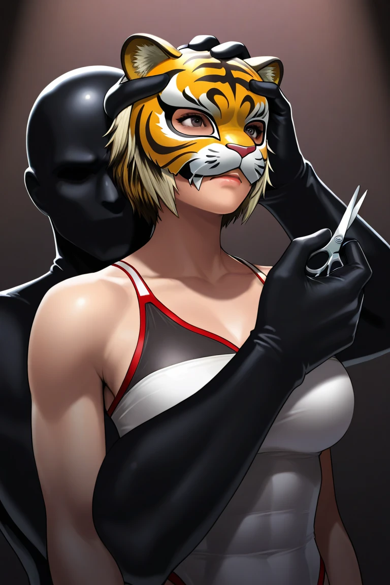 1 solo female blindfolded, animal tiger ears, animal tiger hands, animal tiger print, bell
