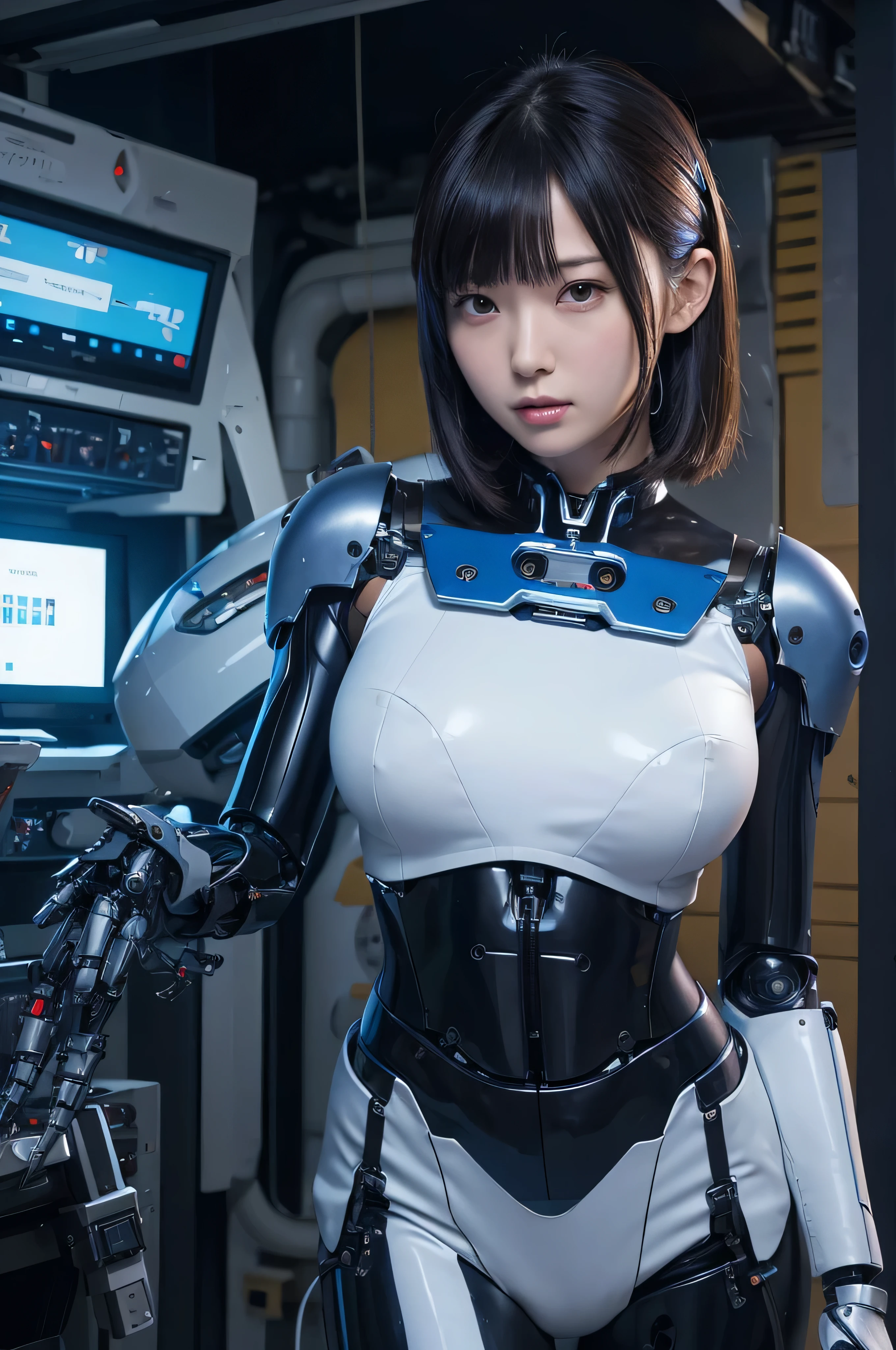 (cyborg:1.5), yoga suit, bob cut, (cyberpunk:1.4), (realism: 1.4), (best quality: 1.0), (ultra resolution: 1.0), 8k, RAW photo, (masterpiece:0.2), ultra-detailed, 1girl, pale skin, detailed skin, looking at the viewer, from the side, smirk