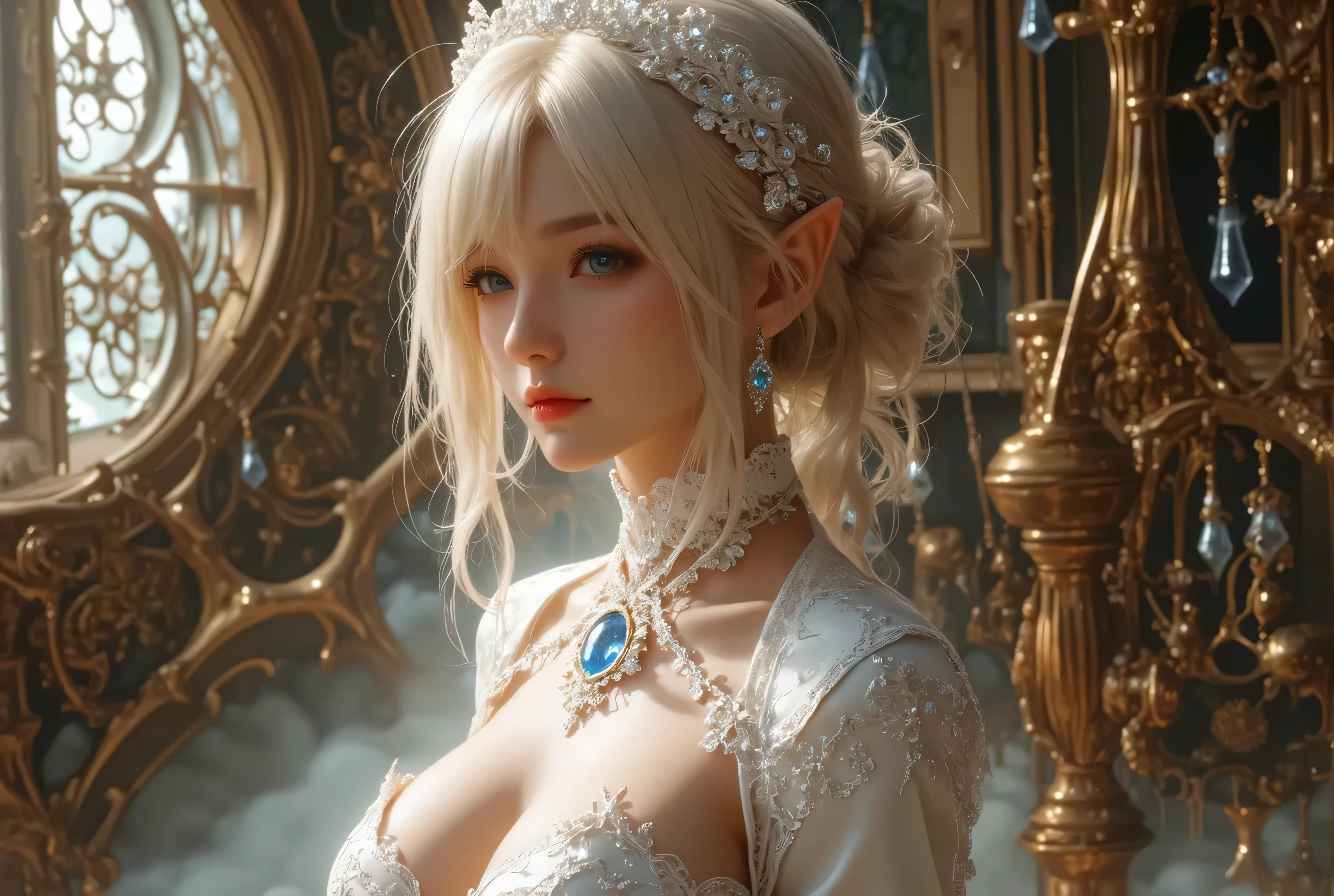 ((best quality)), ((masterpiece)), (detailed), perfect face, a white-toned girl with silver hair and blue eyes wearing glasses with big breasts wearing a royal dress and a tiara on her head looking outside the window, close-up side shot, ultra-detailed, 4k