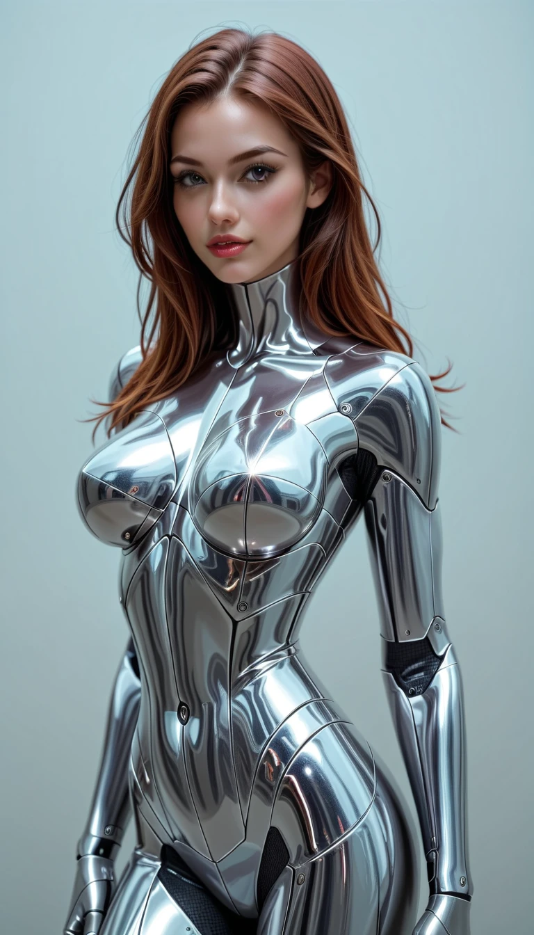 A cyborg girl stands in the center of a large bright studio and is engaged in creating her self-portrait on canvas. She is depicted in all her majestic beauty and elegance. Her metallic skin reflects the light, creating a play of hues and highlights like an expensive piece of jewelry.
Her long metal hair frames her face, giving her a mysterious and alluring look. Her bright eyes, in which light shimmers, stare straight ahead with confidence and the strain of creative inspiration.
The cyborg girl is depicted in a graceful pose, showing off her grace and strength as well as the fine workings of her mechanical limbs. Her hands hold brushes and are immersed in the creative process of creating a stunning work of art.
The outline of the self-portrait she is creating with oil paints is already outlined on the canvas. The drawing begins to come to life under her dexterous fingers, gaining depth and volume, and the coating of color fills the canvas with bright hues and rich colors.
This entire moment is captured in a gorgeous and amazing scenario that combines the beauty of art, power and technological advancement to make the cyborg girl a unique and inspiring image. beautiful shiny smooth, high quality, best quality, absurdres, masterpiece, beautiful, intricate details, 1/2 body crop, slim body, beautiful figure, magnificent anatomy, (intricate details:1.12), HDR, (intricate details, hyper-detailing:1.15), (natural skin textures, hyper realisitc, soft light, Sharp:1.2)